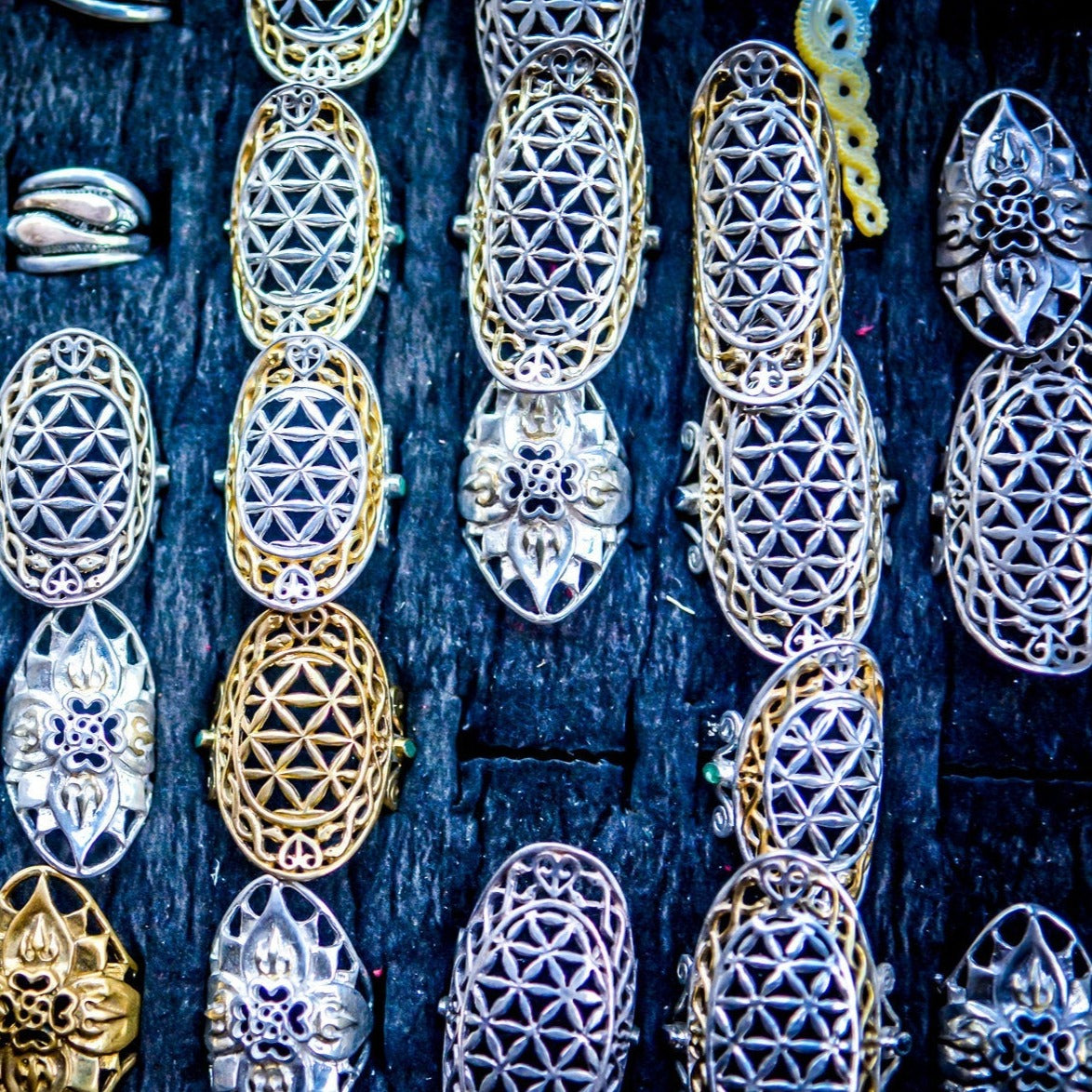 Flower of Life Ring - Long - Sterling Silver Liquid Fire Mantra