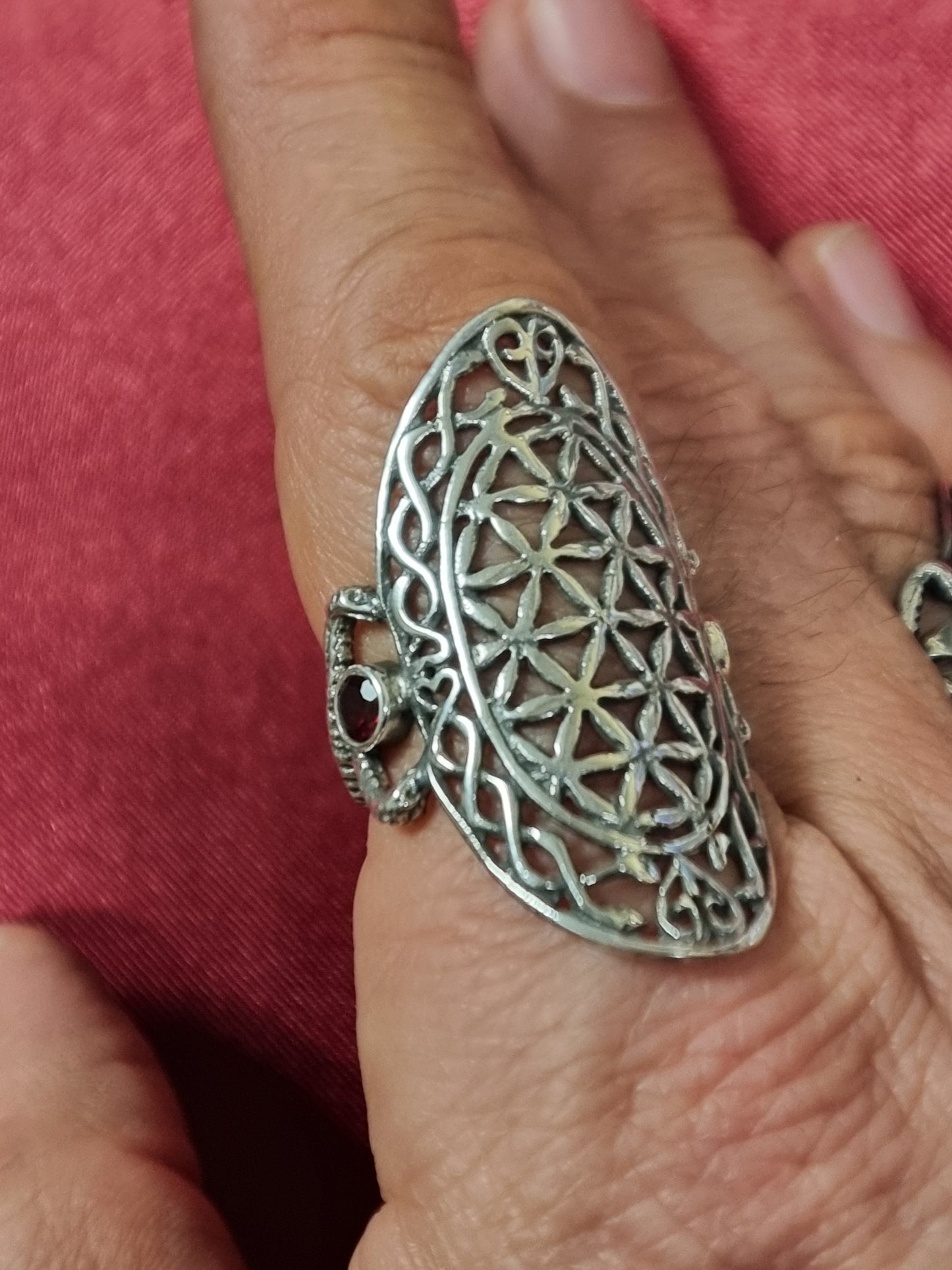 Caduceus Flower of Life Ring - Long - Sterling Silver - Garnet Liquid Fire Mantra