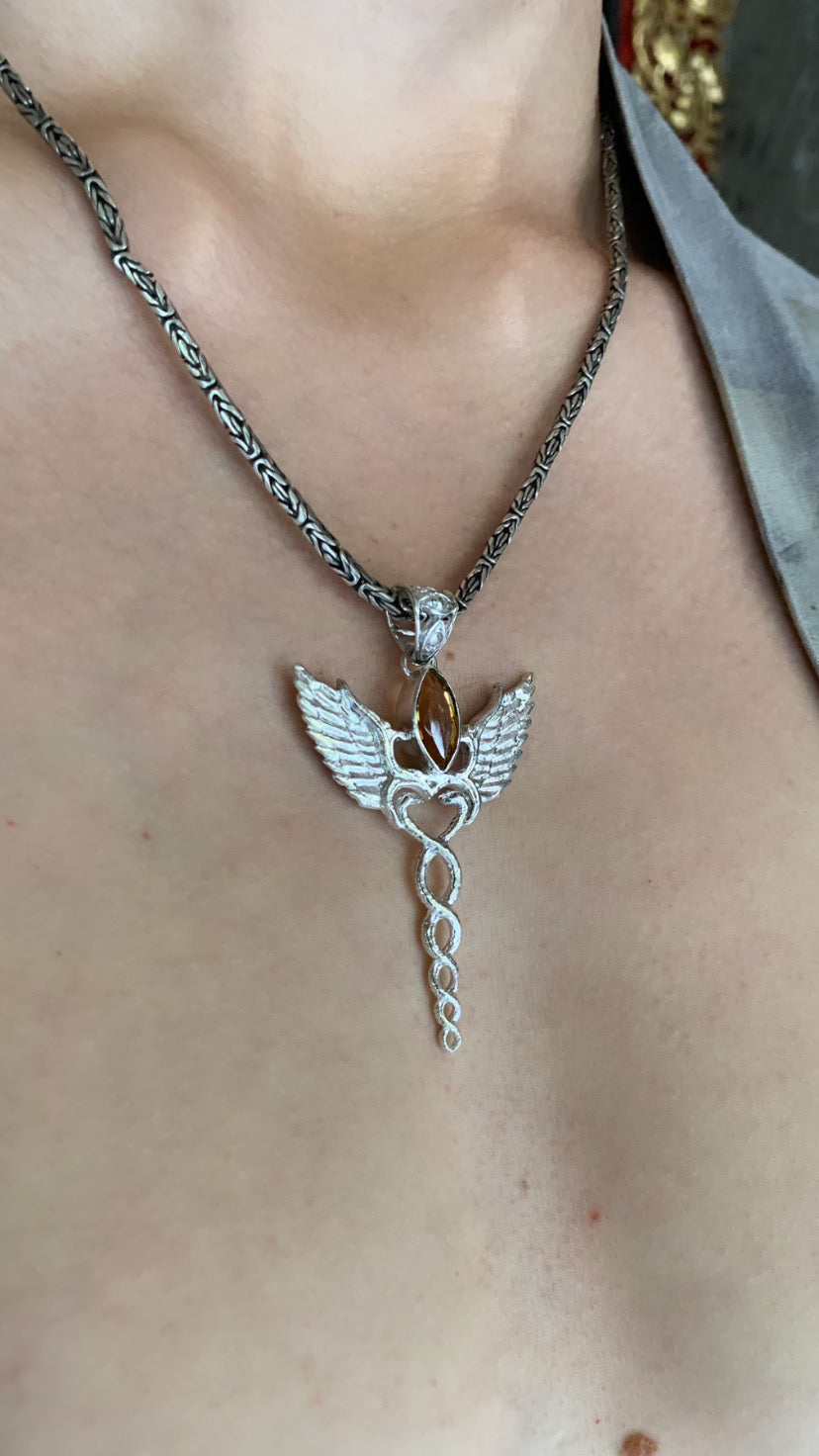 Caduceus Pendant - Sterling Silver - Gemstone choices Liquid Fire Mantra