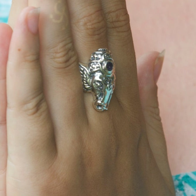 Ganesha Head Ring - Sterling Silver - Amethist