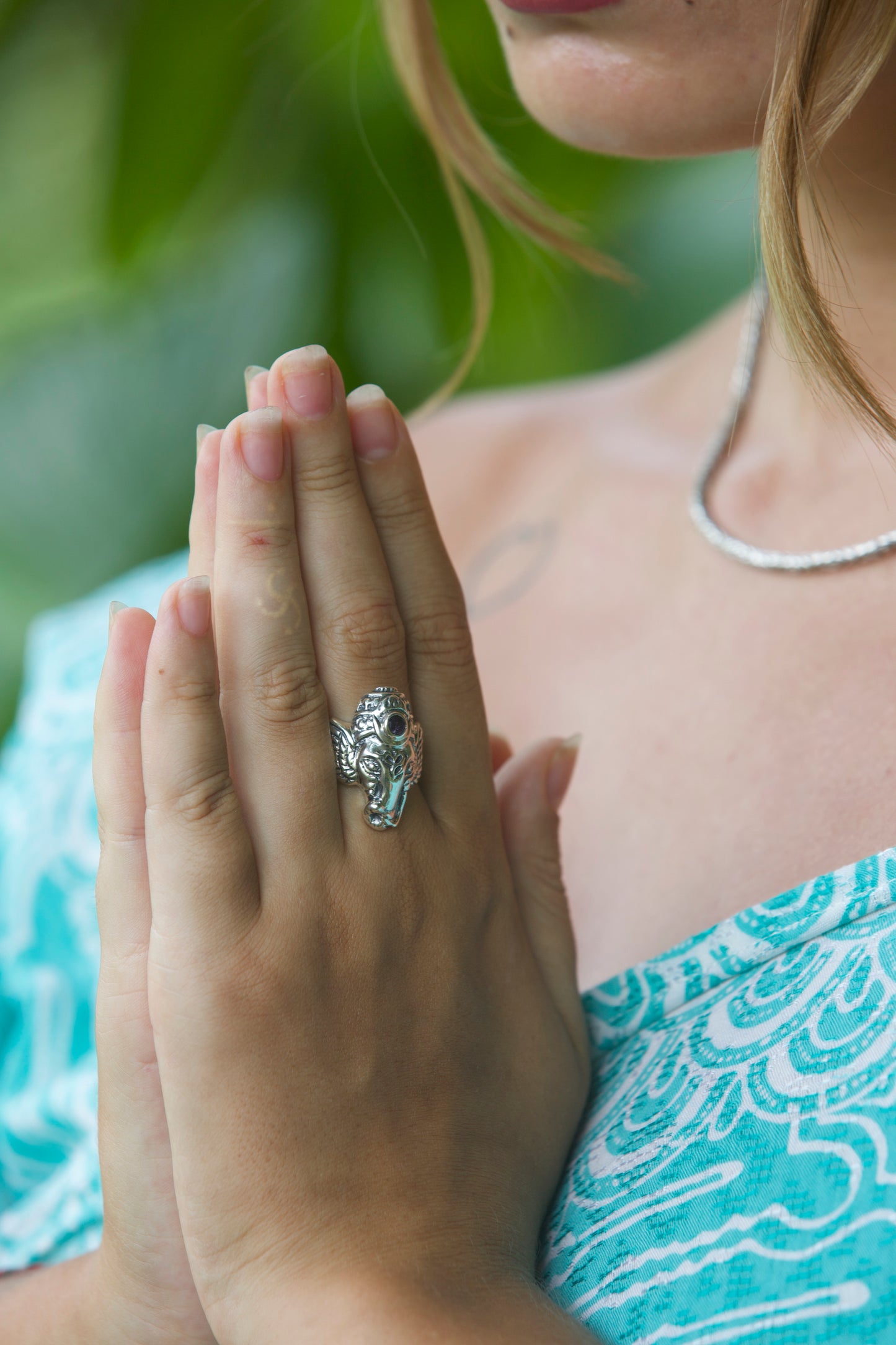 Ganesha Head Ring - Sterling Silver - Amethist