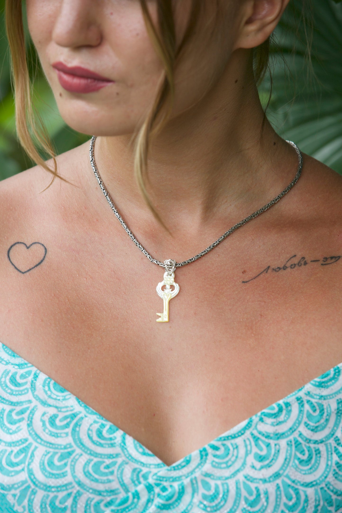 Love Key Pendant - Light Mother of Pearl - Silver Liquid Fire Mantra