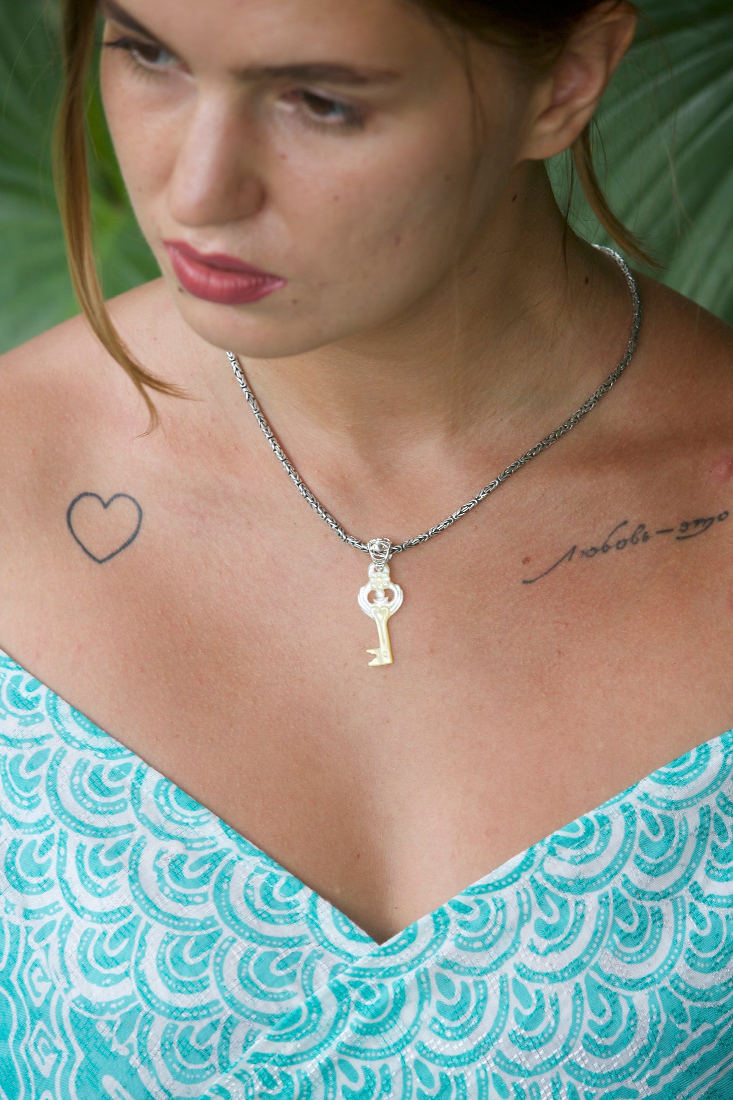 Love Key Pendant - Light Mother of Pearl - Silver Liquid Fire Mantra