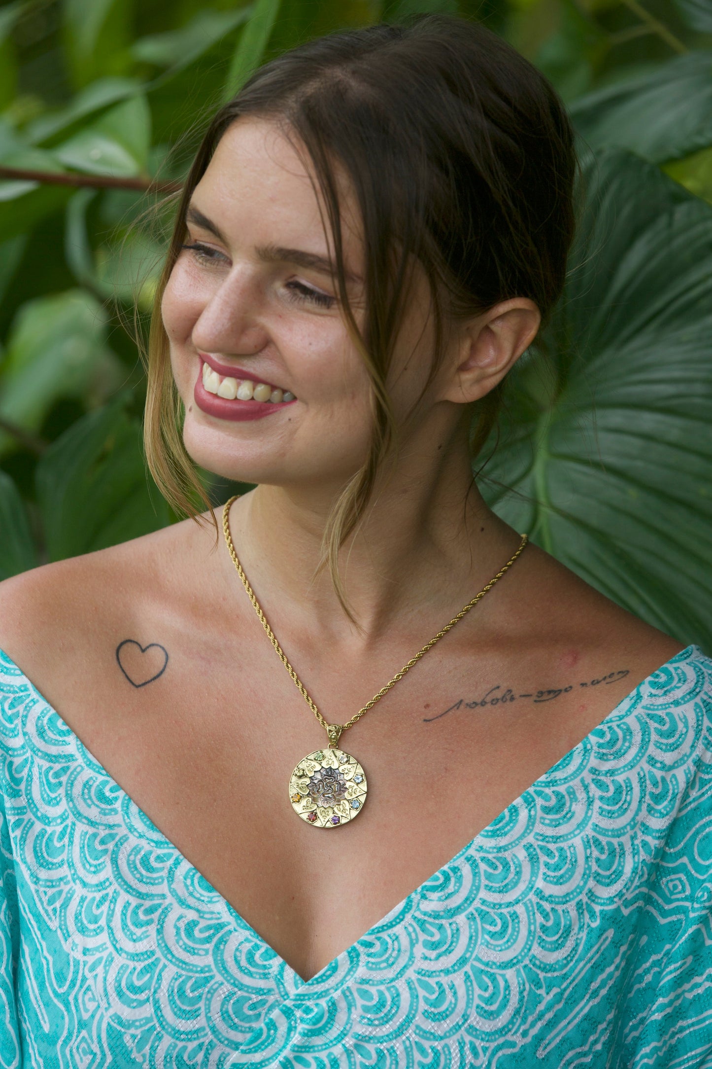 Compass of Love Pendant - Brass - Dark Mother of Pearl Liquid Fire Mantra