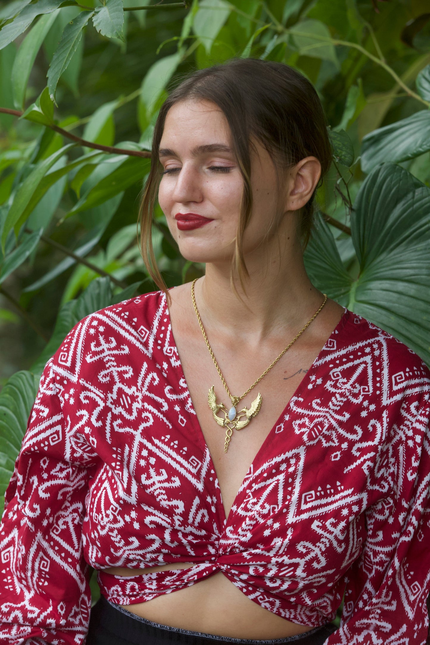 Humming Caduceus Pendant - Brass - Rainbow Moonstone Liquid Fire Mantra