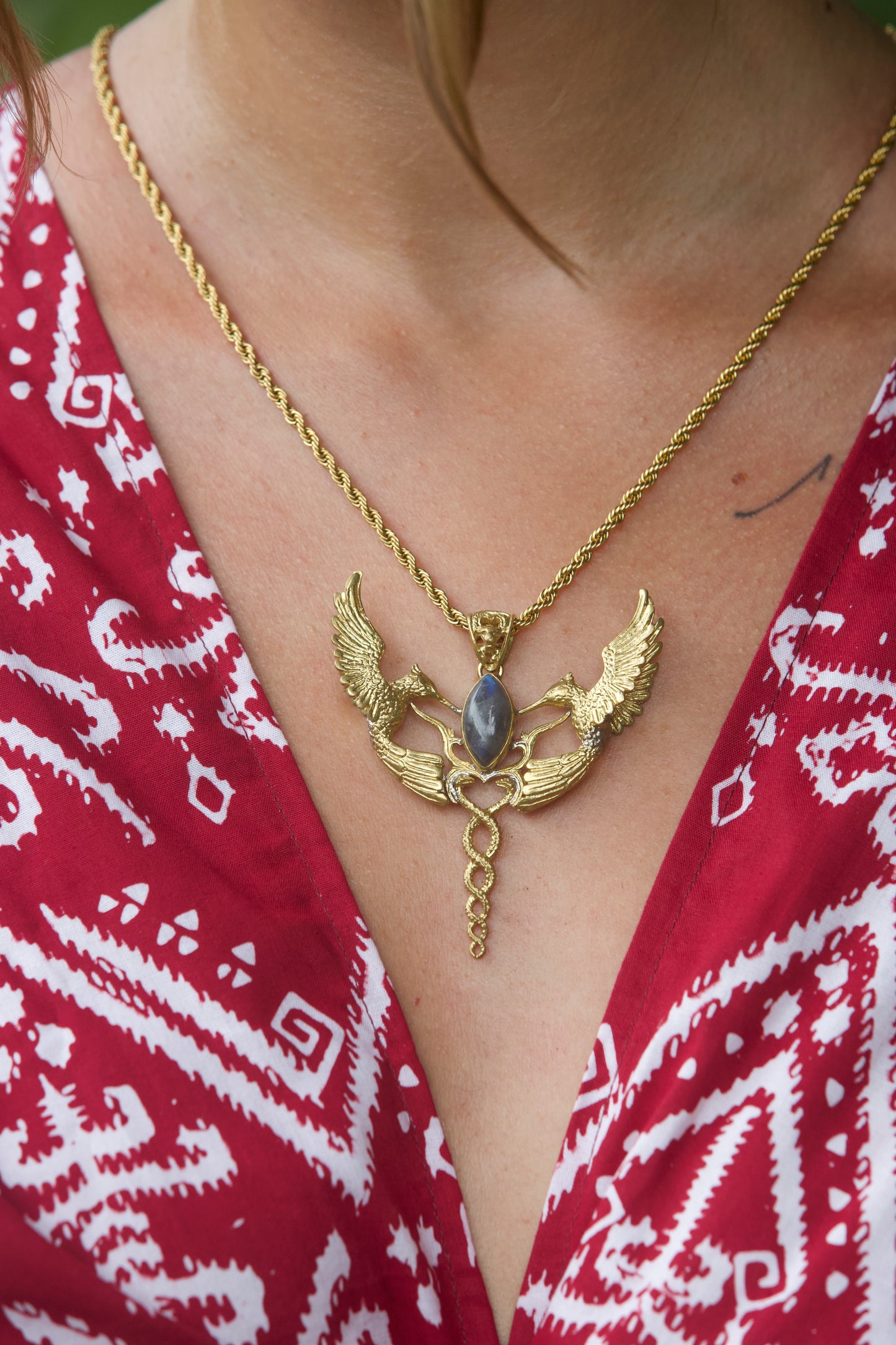 Humming Caduceus Pendant - Brass - Labradorite
