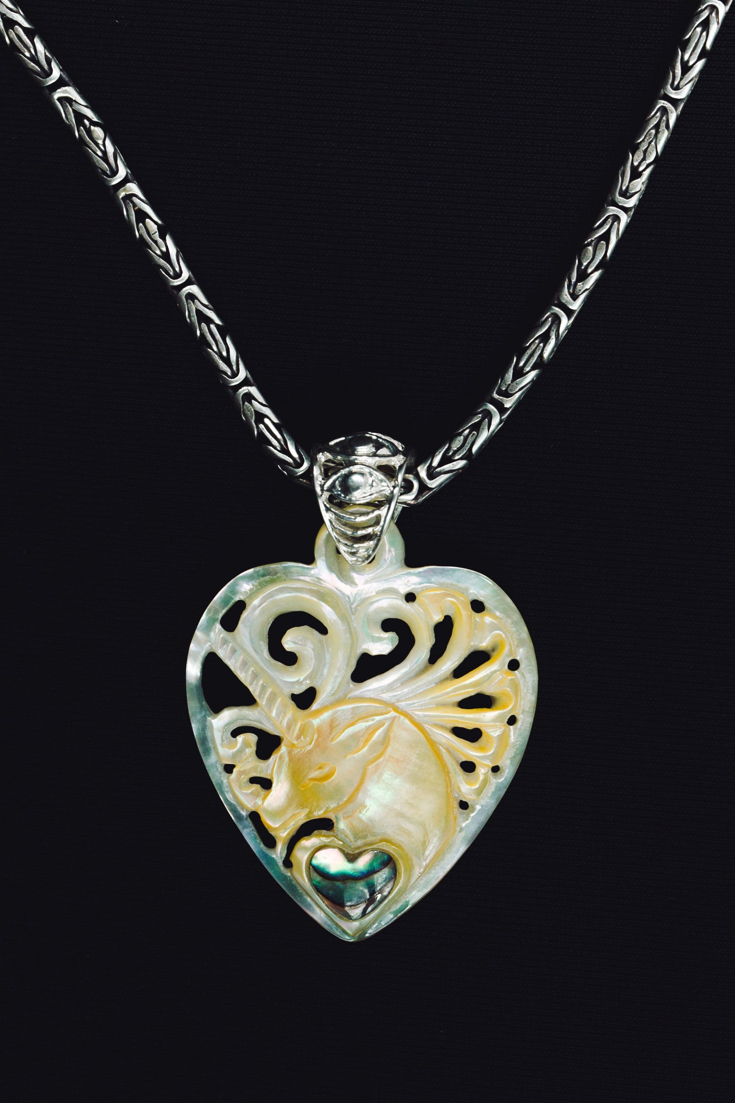 Unicorn Guitar Pick Pendant - Light Mother of Pearl Liquid Fire Mantra