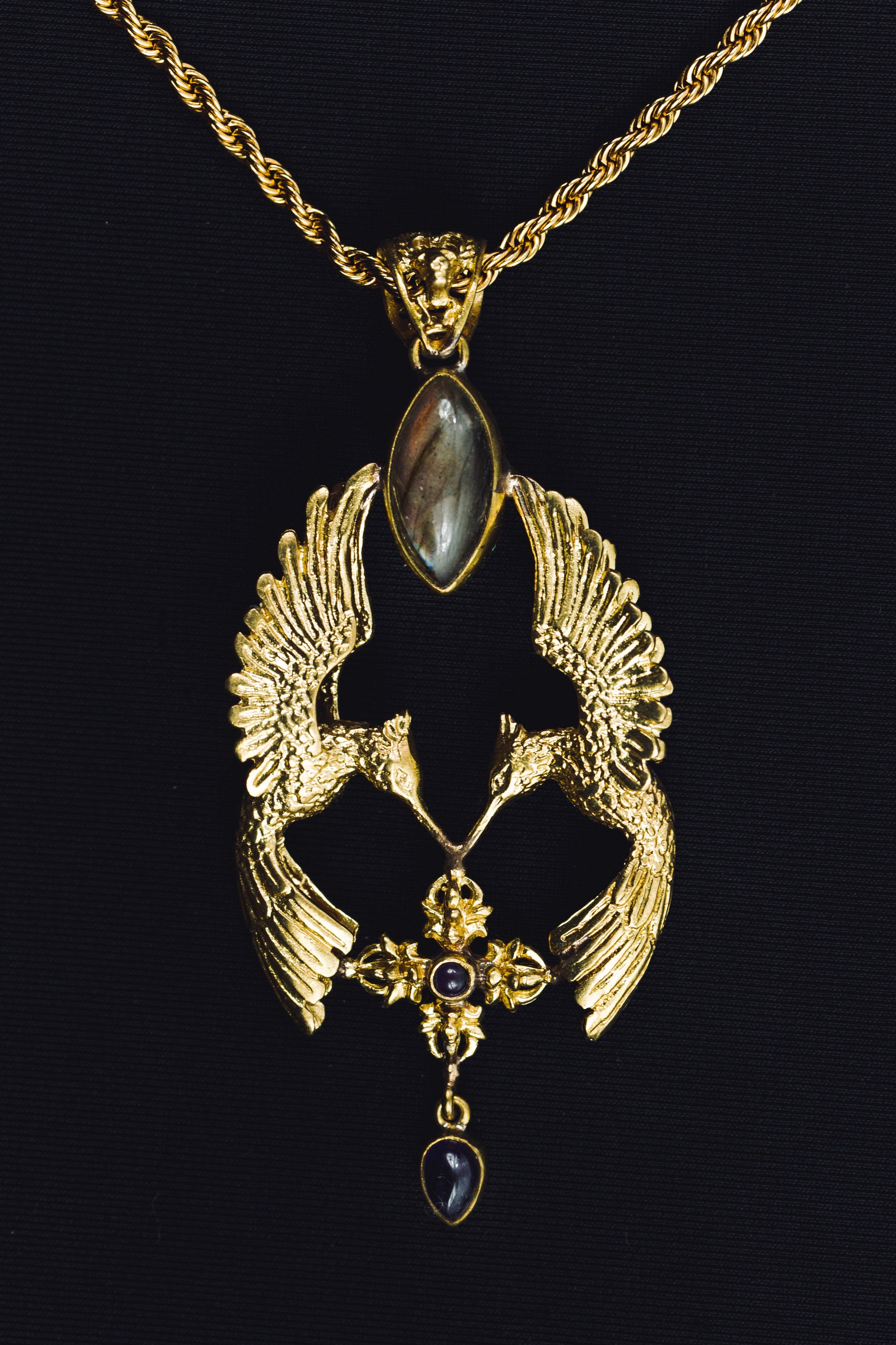 HumGaiaTri 3D Pendant - Brass - Labradorite Liquid Fire Mantra