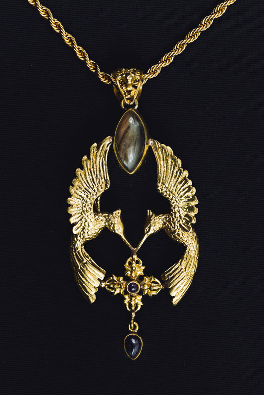 HumGaiaTri 3D Pendant - Brass - Labradorite Liquid Fire Mantra