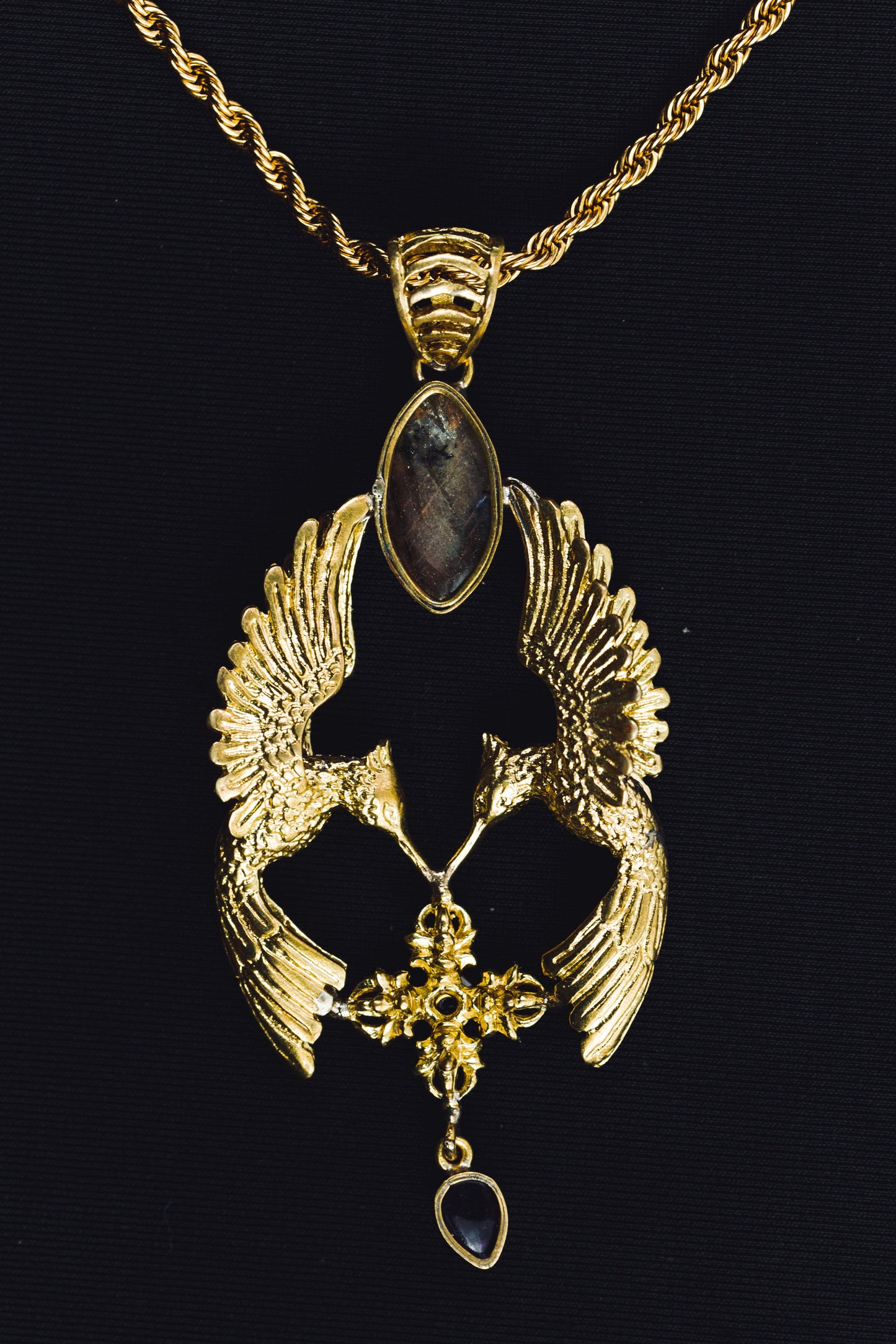 HumGaiaTri 3D Pendant - Brass - Labradorite Liquid Fire Mantra