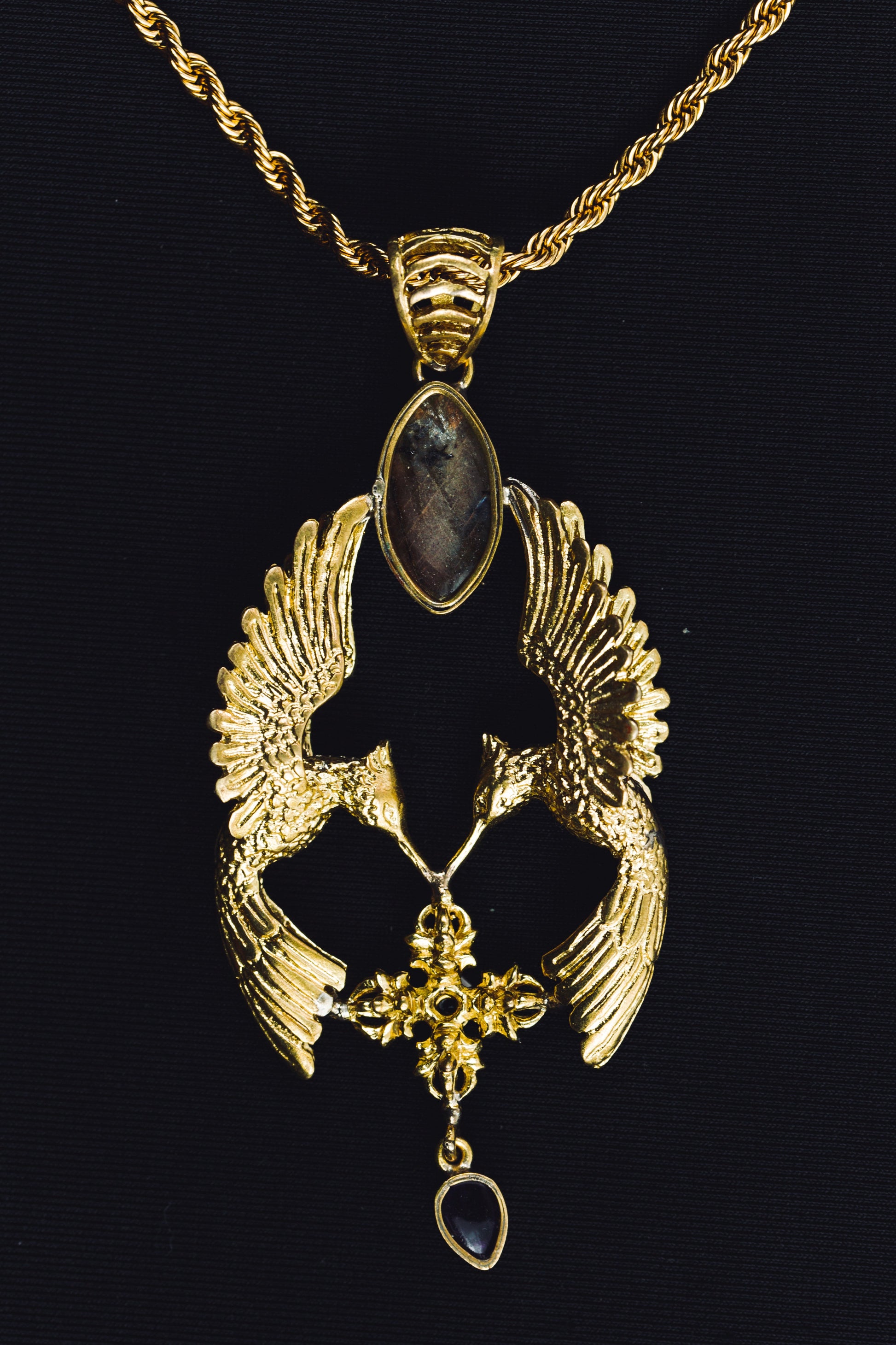 HumGaiaTri 3D Pendant - Brass - Labradorite Liquid Fire Mantra