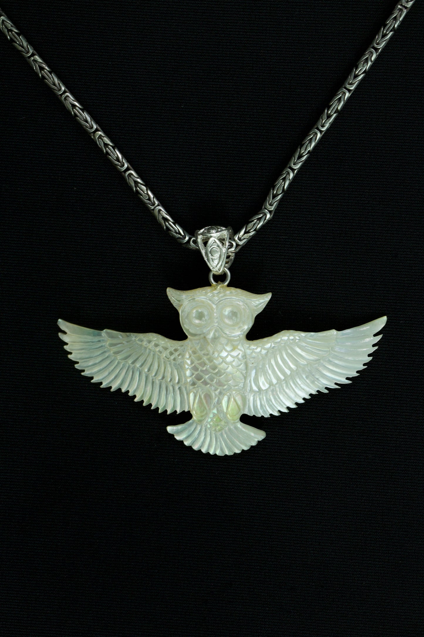 Owl Pendant - Light Mother of Pearl - Silver Bail Liquid Fire Mantra