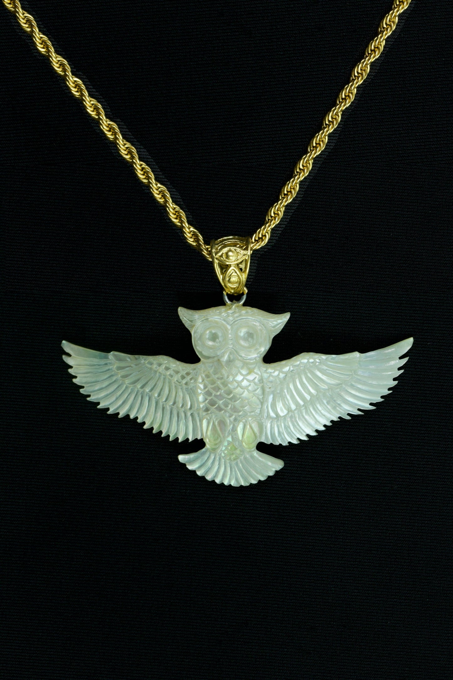 Owl Pendant - Dark Mother of Pearl - Brass Bail Liquid Fire Mantra