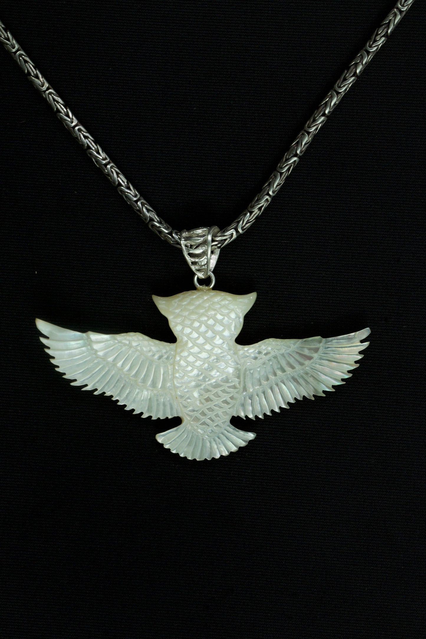 Owl Pendant - Light Mother of Pearl - Silver Bail Liquid Fire Mantra