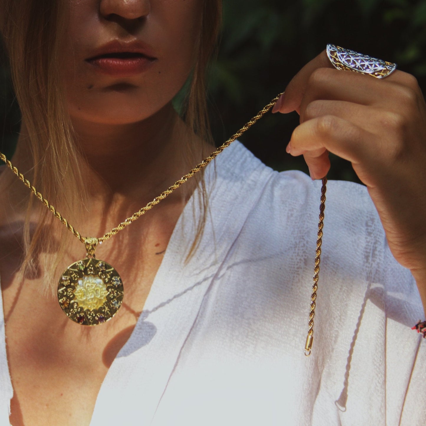 Compass of Love Pendant - 24K Gold Plated - Light Mother of Pearl Liquid Fire Mantra