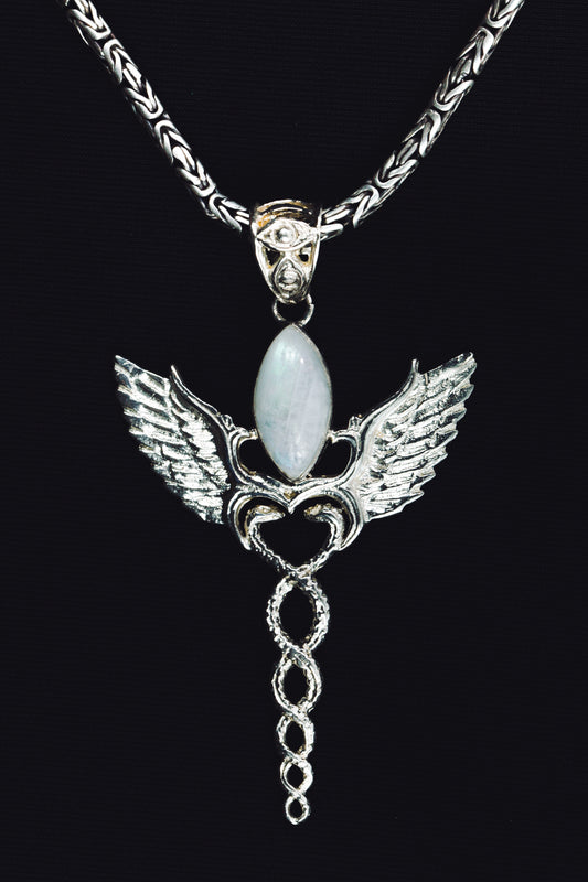 Caduceus Pendant - Sterling Silver - Rainbow Moonstone