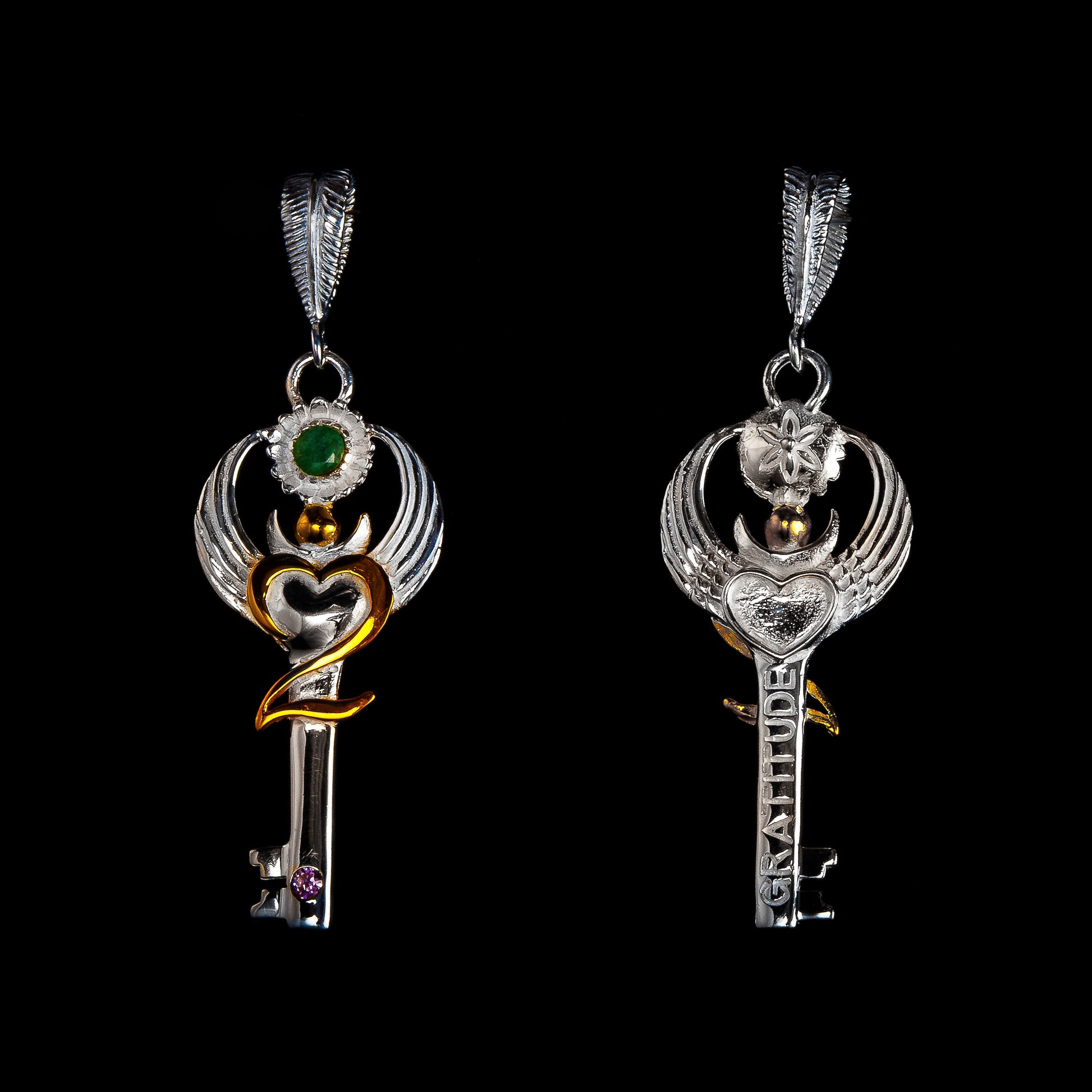 Gratitude Key Pendant - Sterling Silver / 24K Gold Vermeil Liquid Fire Mantra