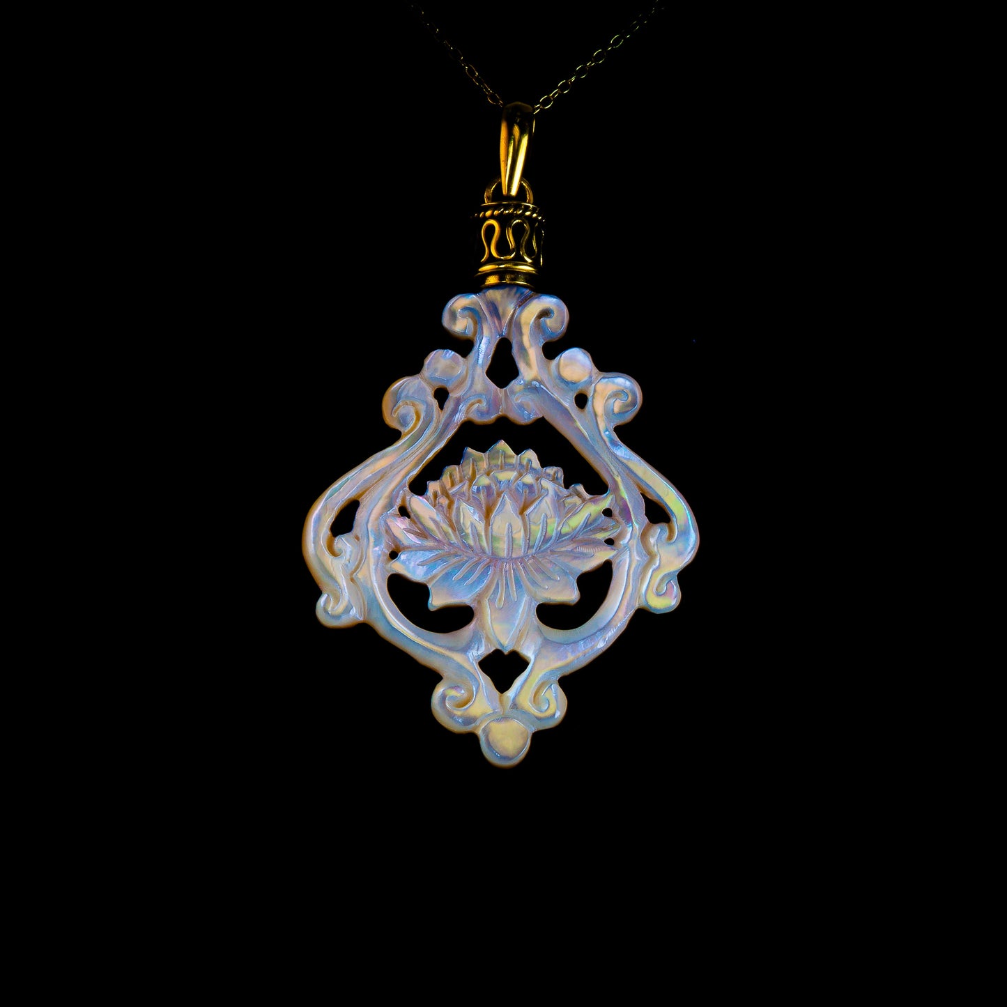 Lotus Pendant - Light Mother of Pearl - Brass Bail Liquid Fire Mantra