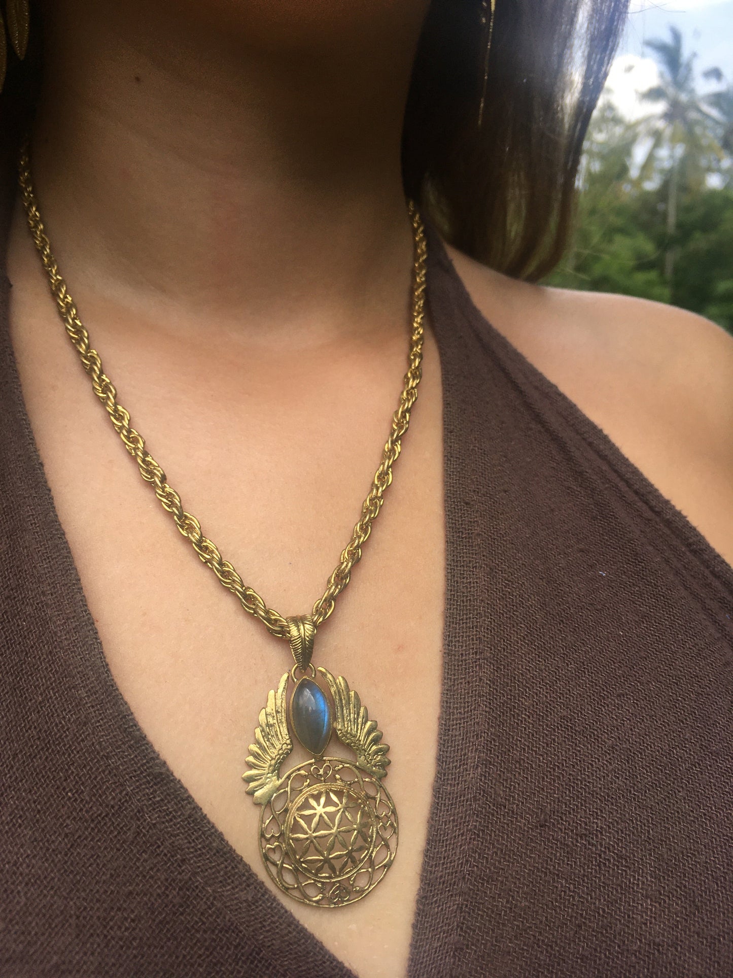 Starship Pendant Brass - Labradorite Liquid Fire Mantra