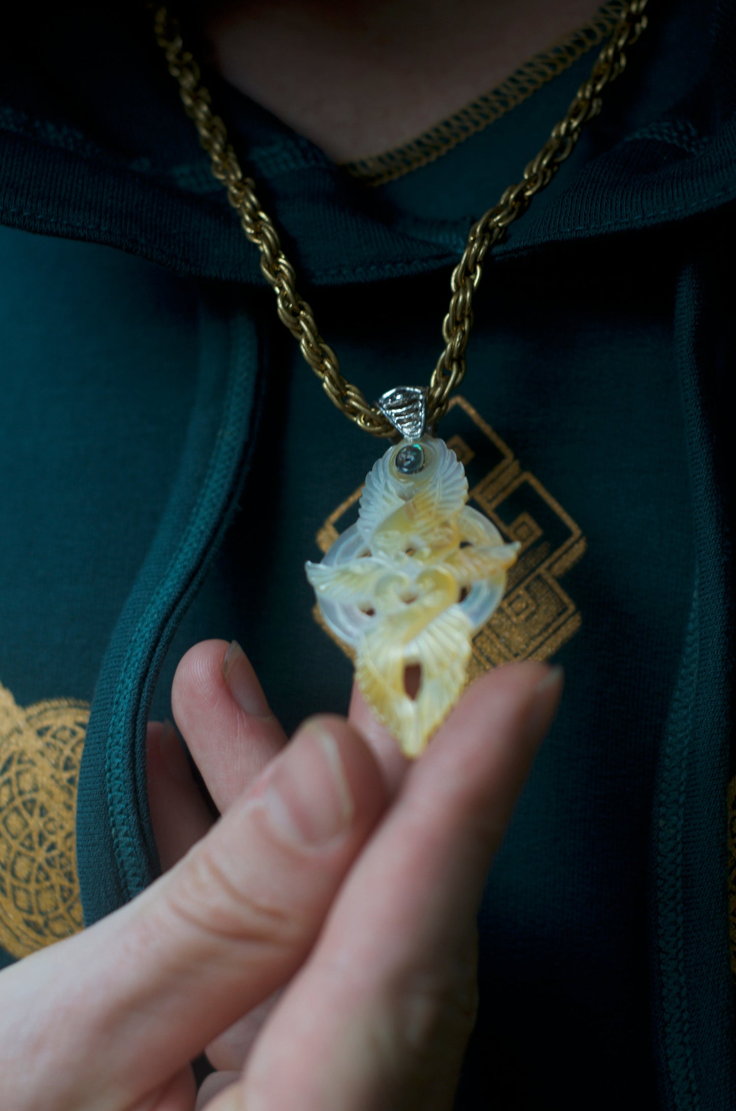 Seraphim Ganesha Pendant - Light Mother of Pearl Liquid Fire Mantra