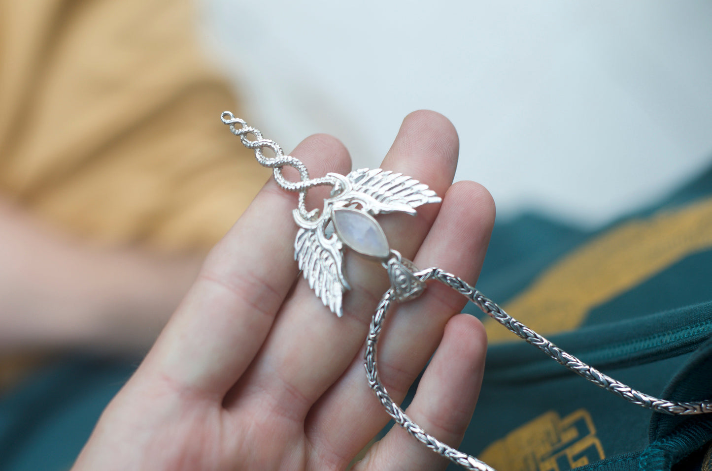 Caduceus Pendant - Sterling Silver - Rainbow Moonstone Liquid Fire Mantra