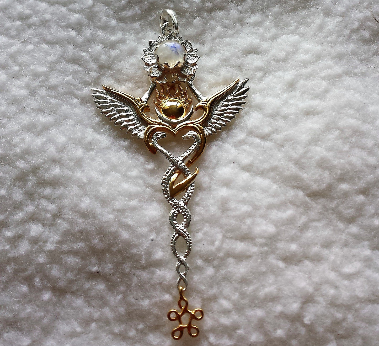 Creation Pendant - Sterling Silver / 24K Gold Vermeil - Rainbow Moonstone Liquid Fire Mantra