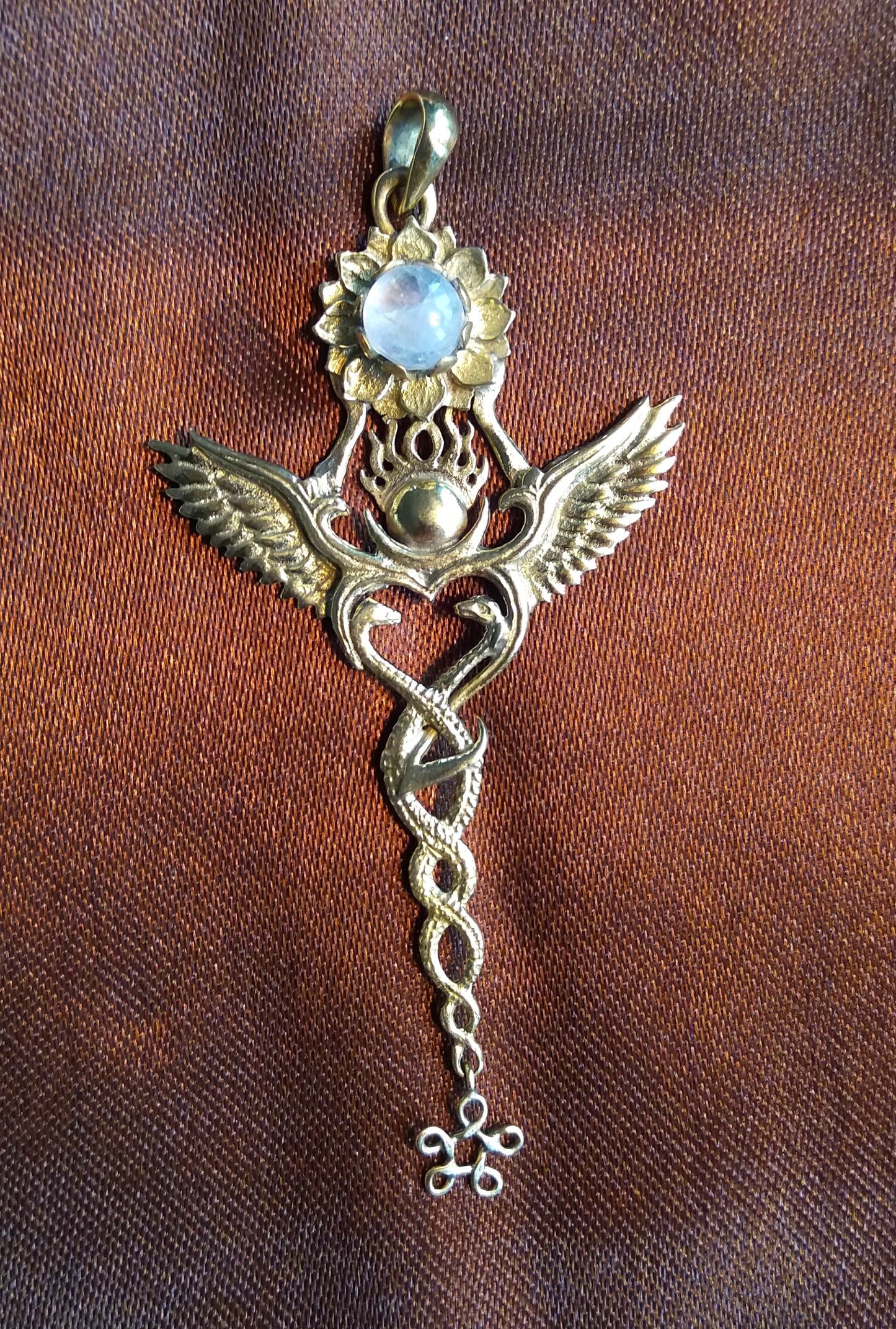 Creation Pendant - Brass - Rainbow Moonstone Liquid Fire Mantra