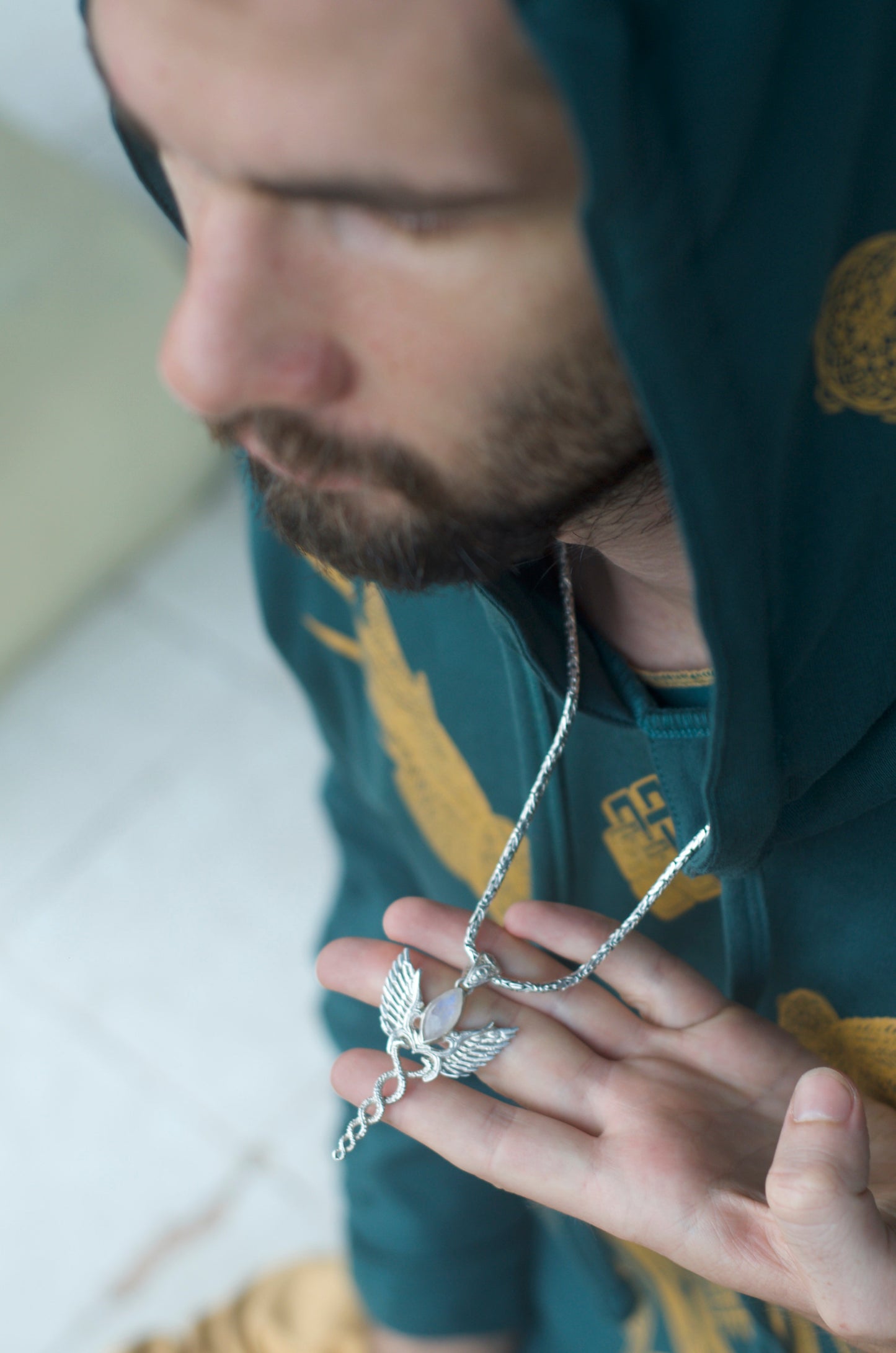 Caduceus Pendant - Sterling Silver - Rainbow Moonstone Liquid Fire Mantra