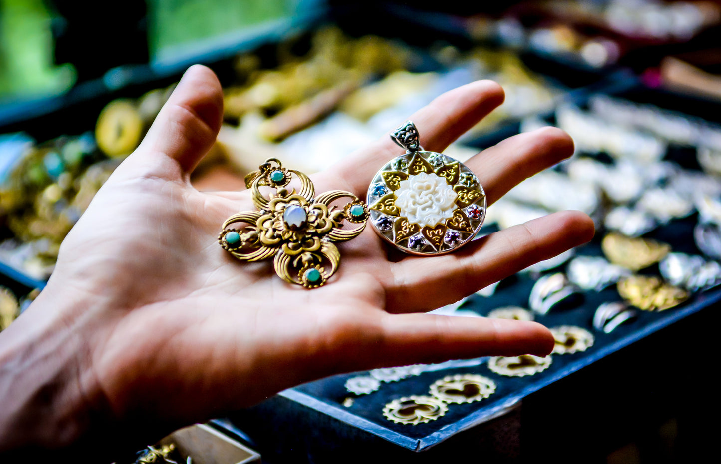 Dorje Pendant - Brass - Rainbow Moonstone Liquid Fire Mantra