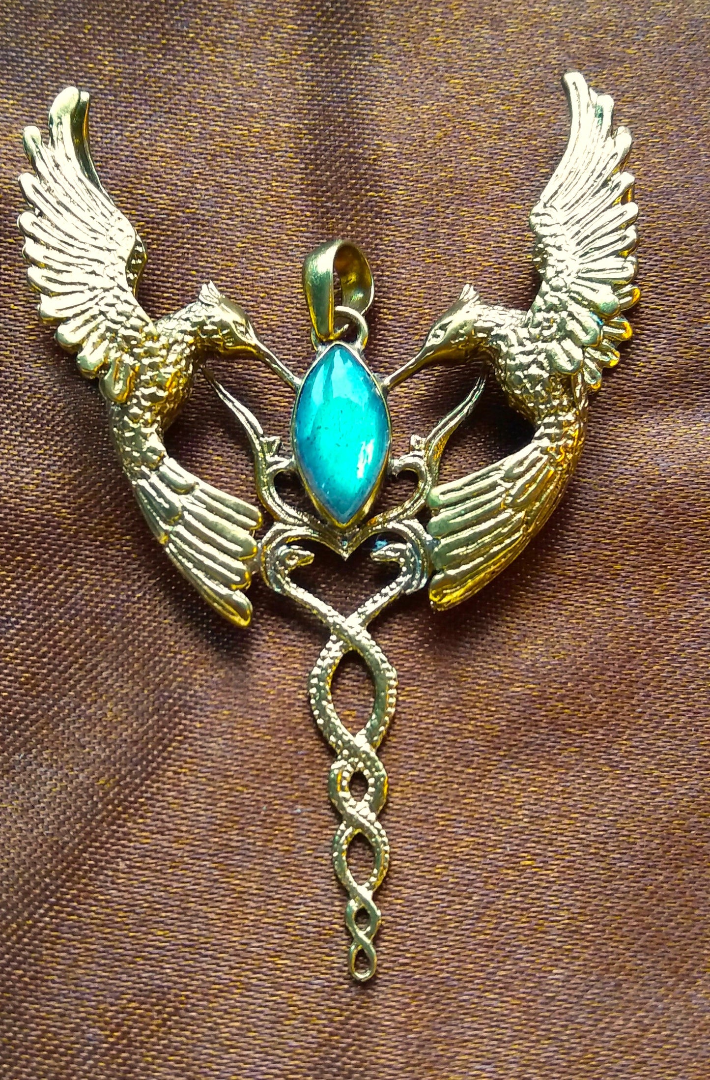Humming Caduceus Pendant - Brass - Labradorite Liquid Fire Mantra