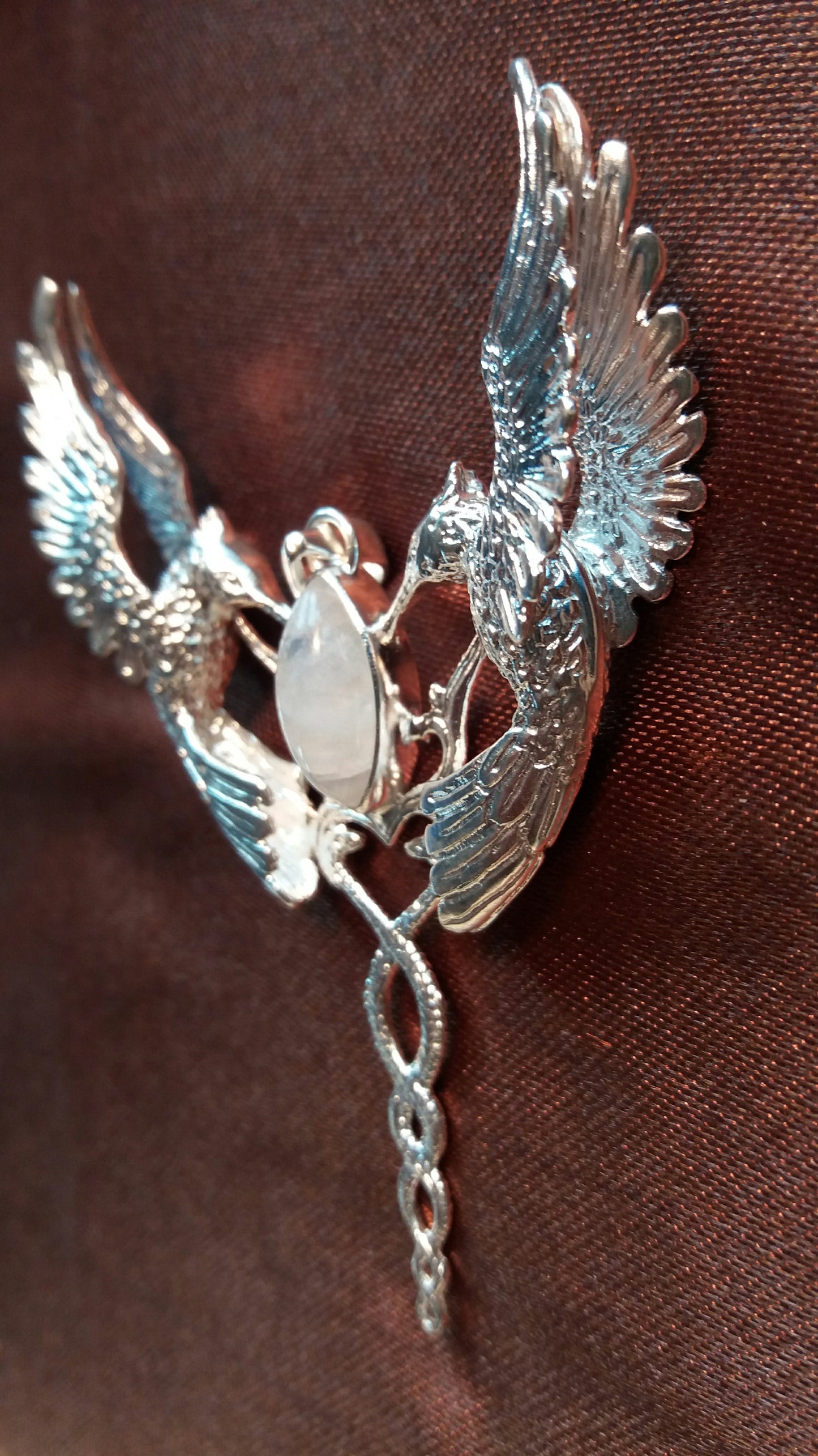 Humming caduceus moonstone silver pendant side