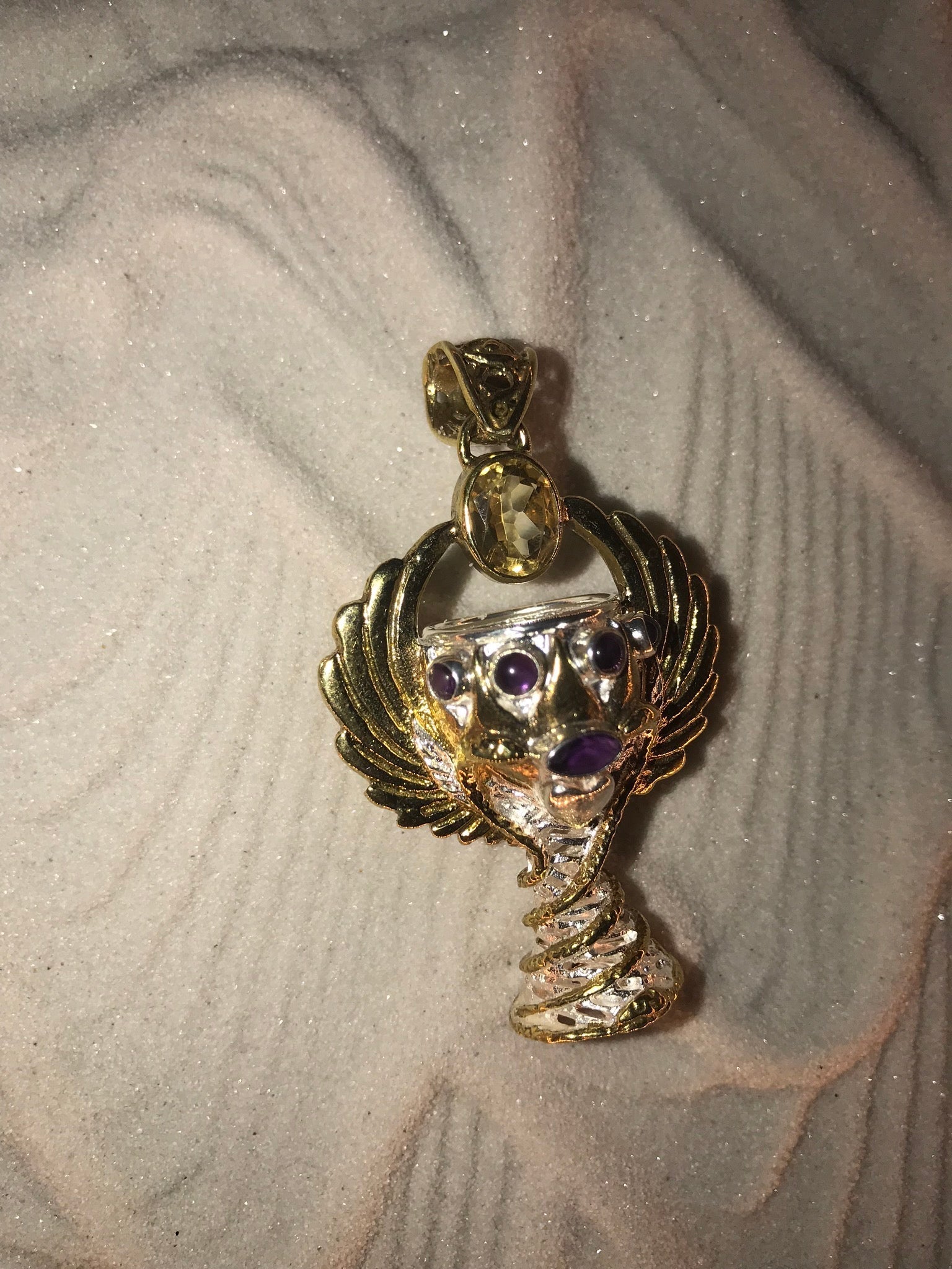 Holy Grail Pendant - Brass / Silver Plated Liquid Fire Mantra