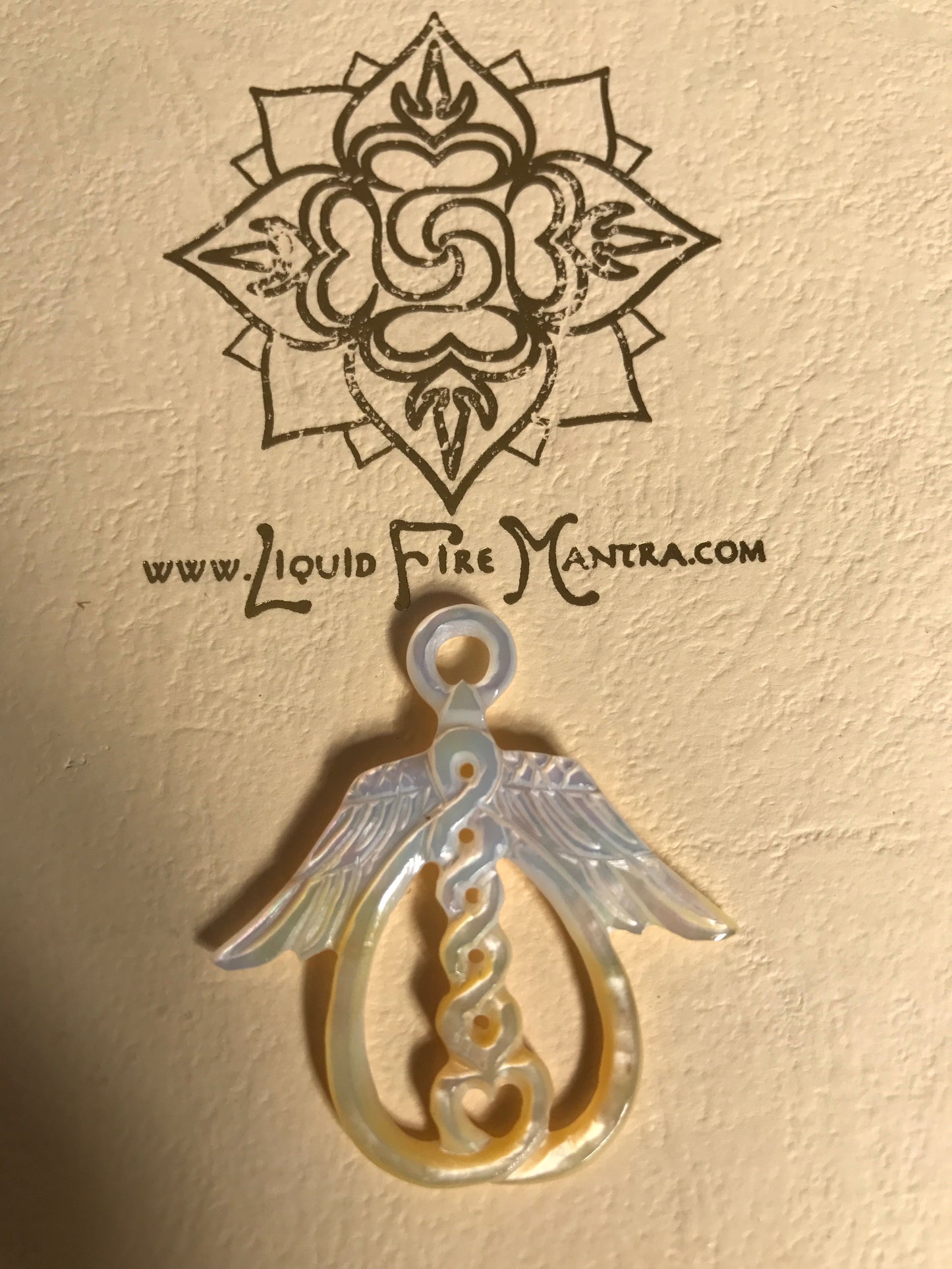 Guardian Angel Pendant - Light Mother of Pearl Liquid Fire Mantra