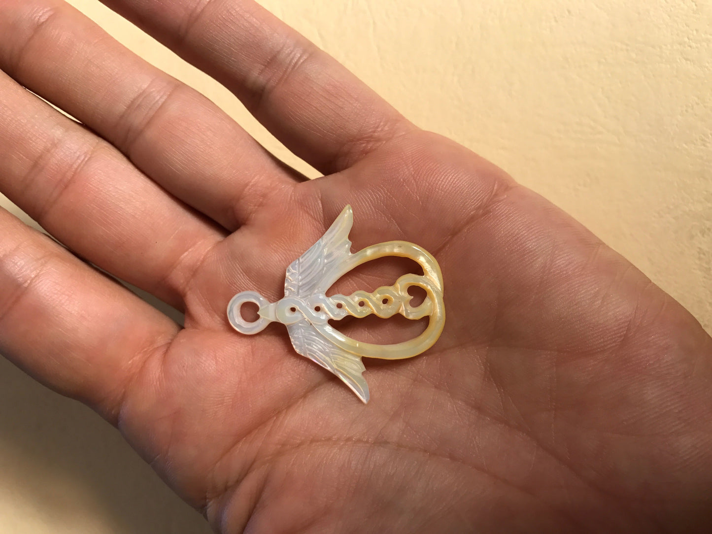 Guardian Angel Pendant - Light Mother of Pearl Liquid Fire Mantra