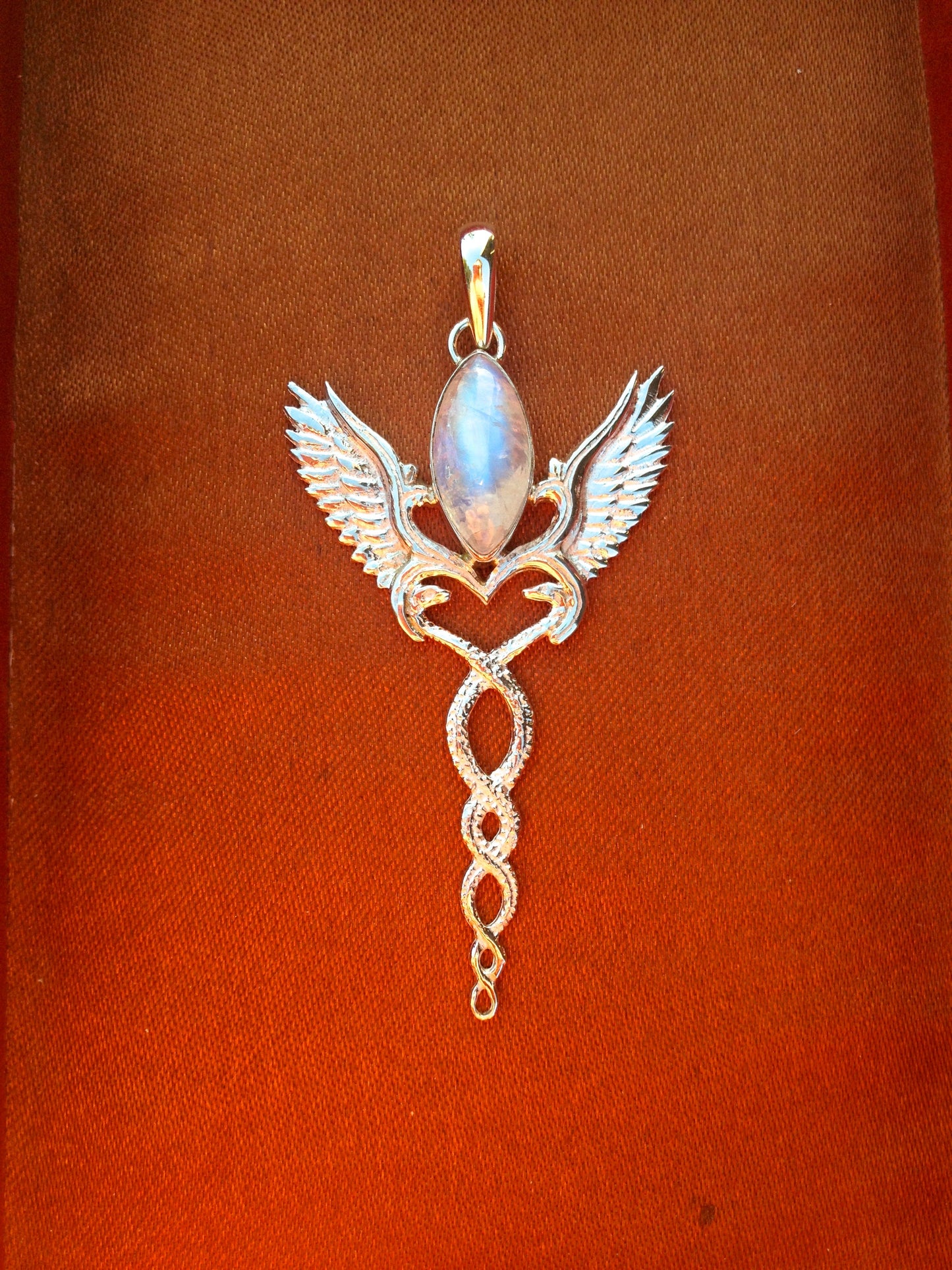Caduceus Pendant - Sterling Silver - Rainbow Moonstone Liquid Fire Mantra