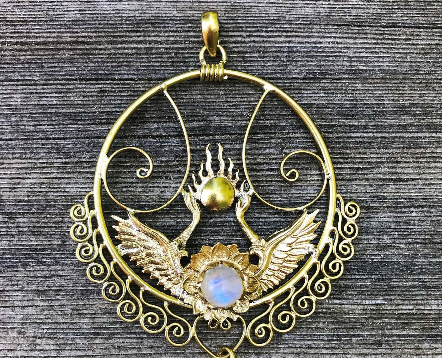 Shakti Bhakti Pendant - Brass - Rainbow Moonstone