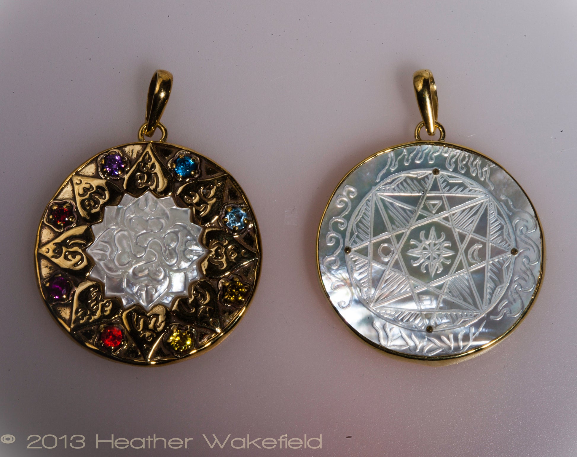 Compass of Love Pendant - 24K Gold Plated - Light Mother of Pearl Liquid Fire Mantra