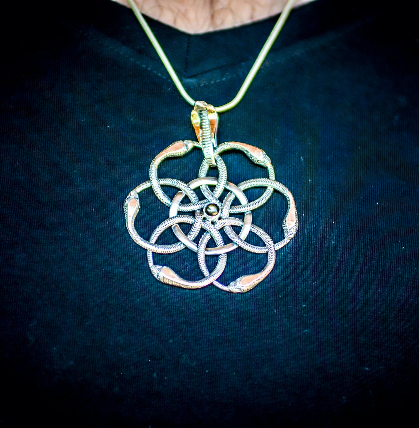 Flower of Life with Serpents Pendant Liquid Fire Mantra