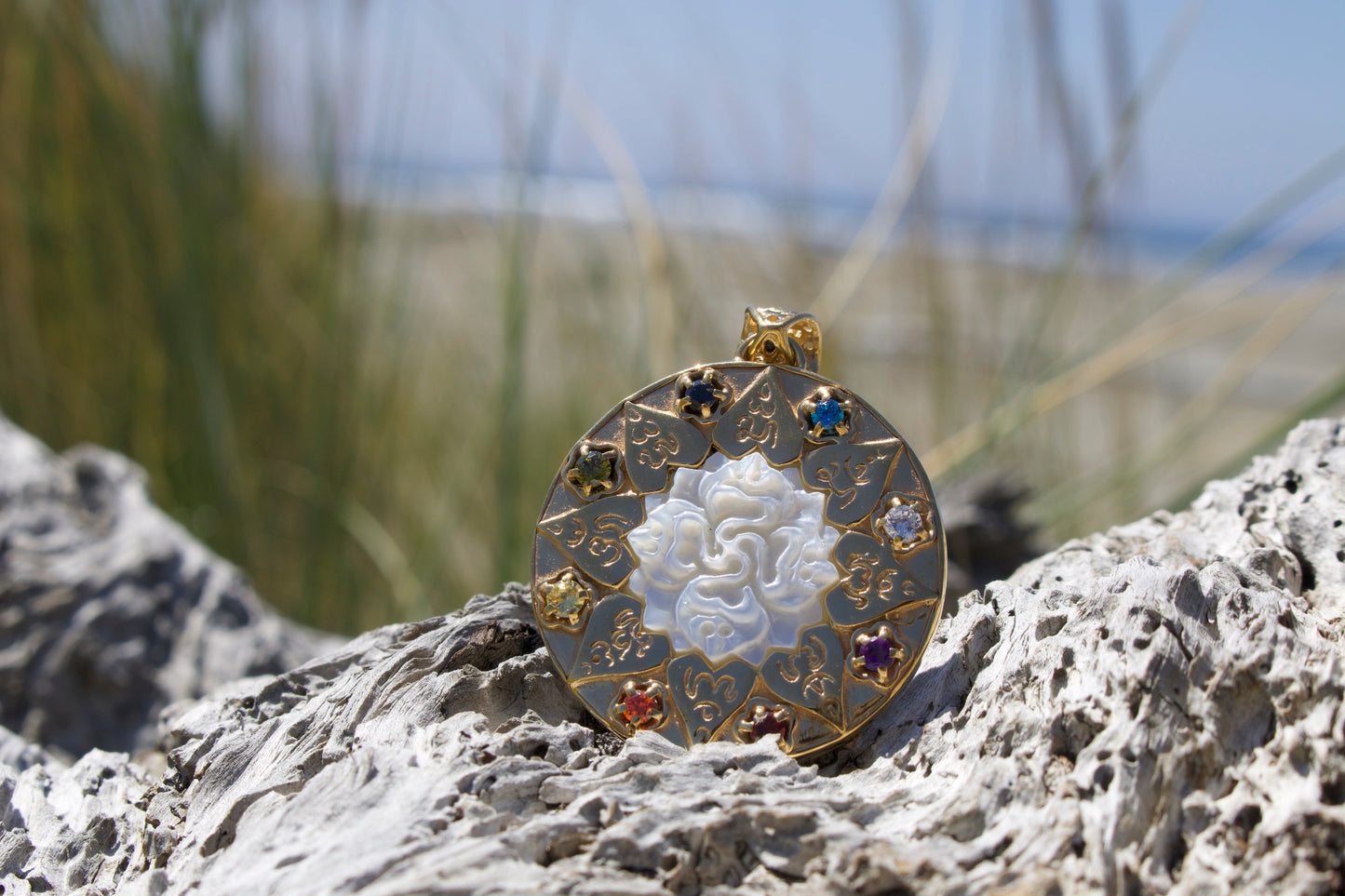 Compass of Love Pendant - 24K Gold Plated - Light Mother of Pearl Liquid Fire Mantra