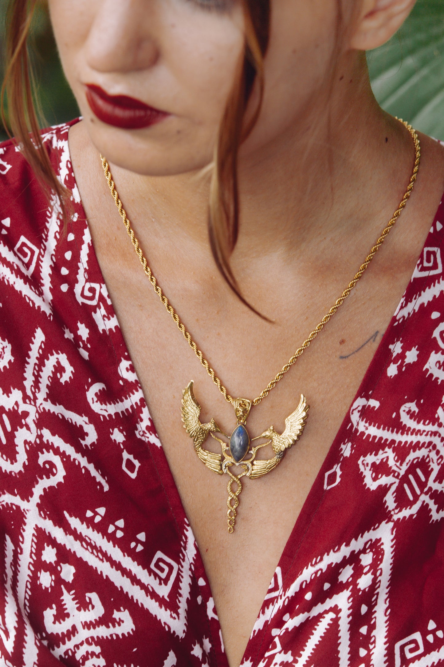Humming Caduceus Pendant - Brass - Labradorite