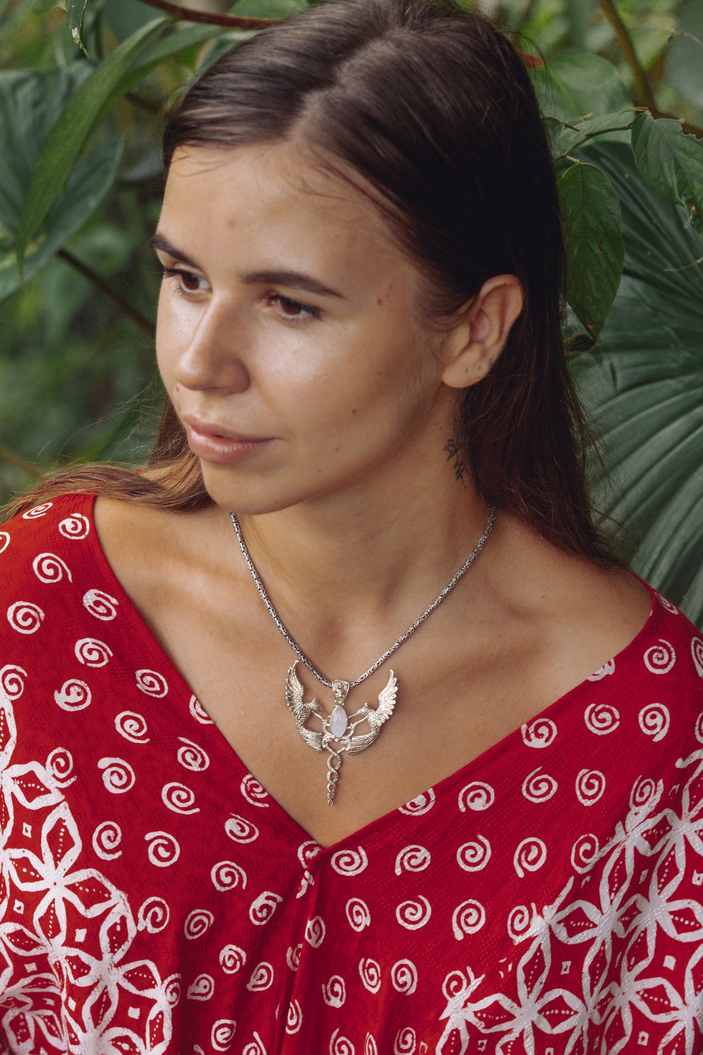 Humming Caduceus Pendant - Sterling Silver - Rainbow Moonstone Liquid Fire Mantra
