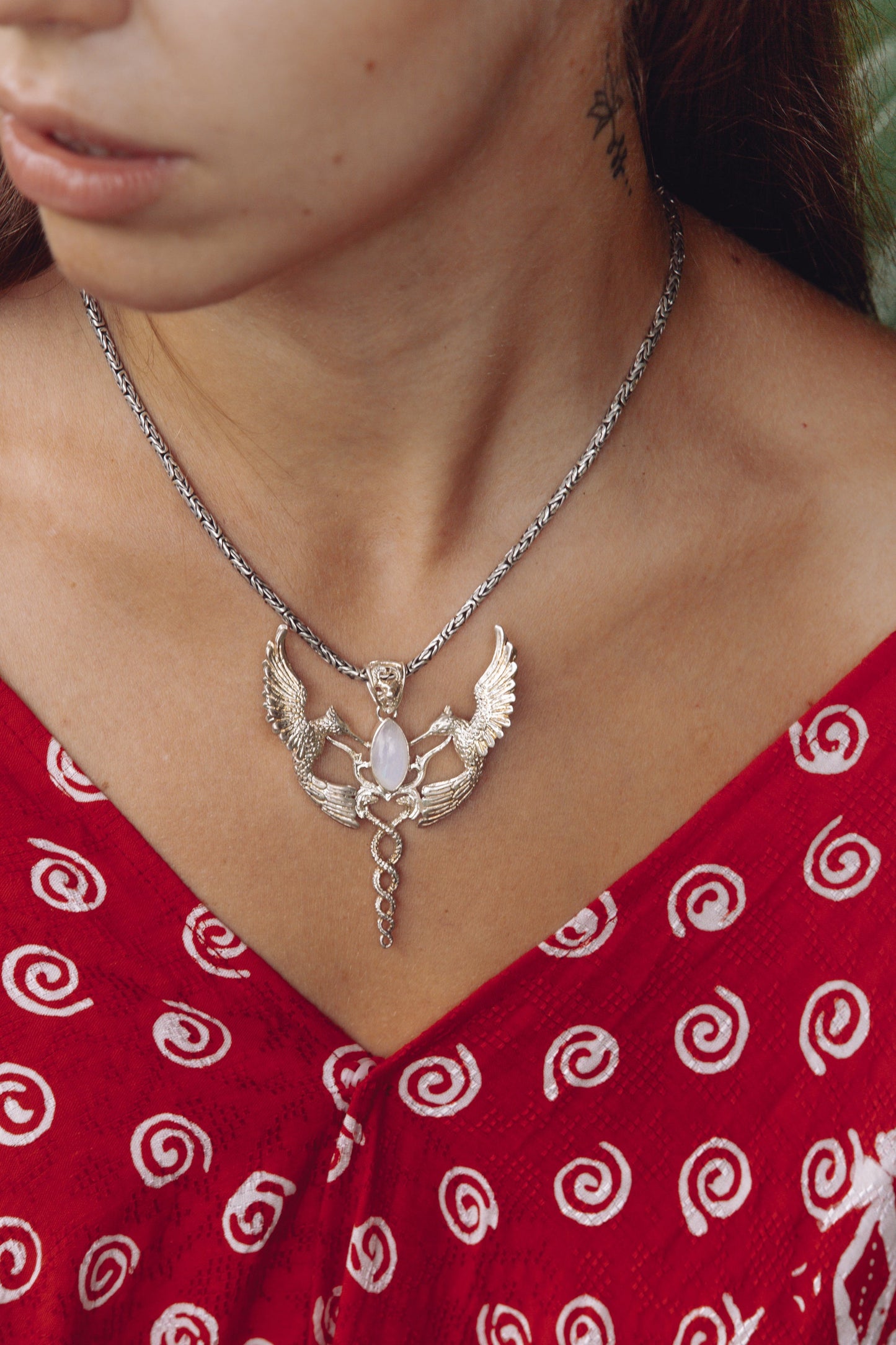 Humming Caduceus Pendant - Sterling Silver - Rainbow Moonstone Liquid Fire Mantra