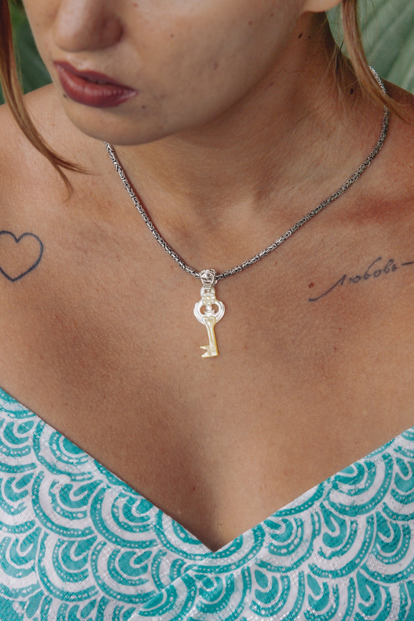 Love Key Pendant - Light Mother of Pearl - Silver Liquid Fire Mantra