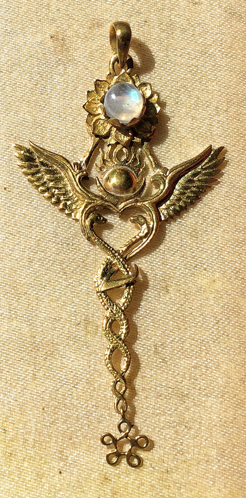 Creation Pendant - Brass - Rainbow Moonstone Liquid Fire Mantra