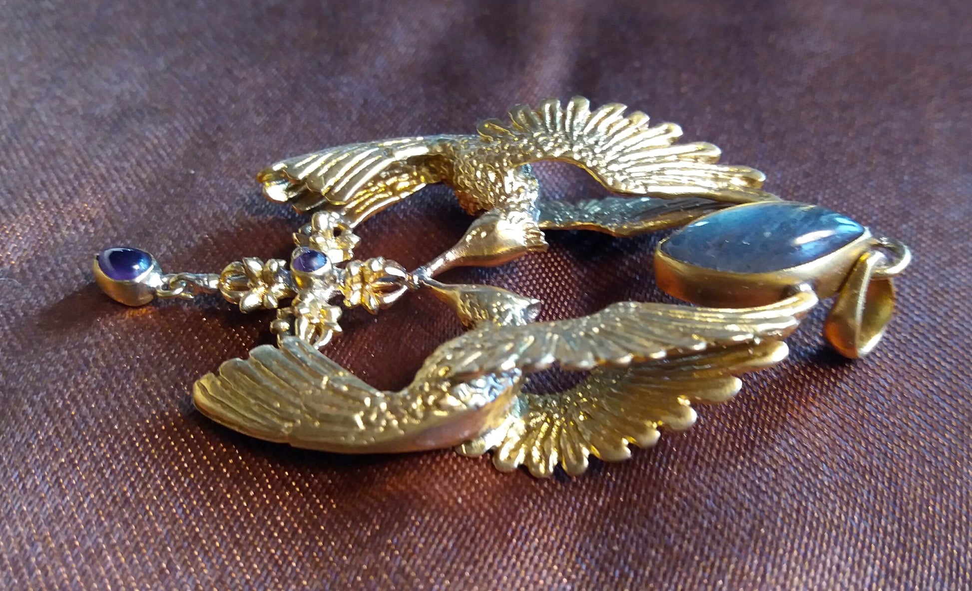 HumGaiaTri 3D Pendant - Brass - Labradorite Liquid Fire Mantra