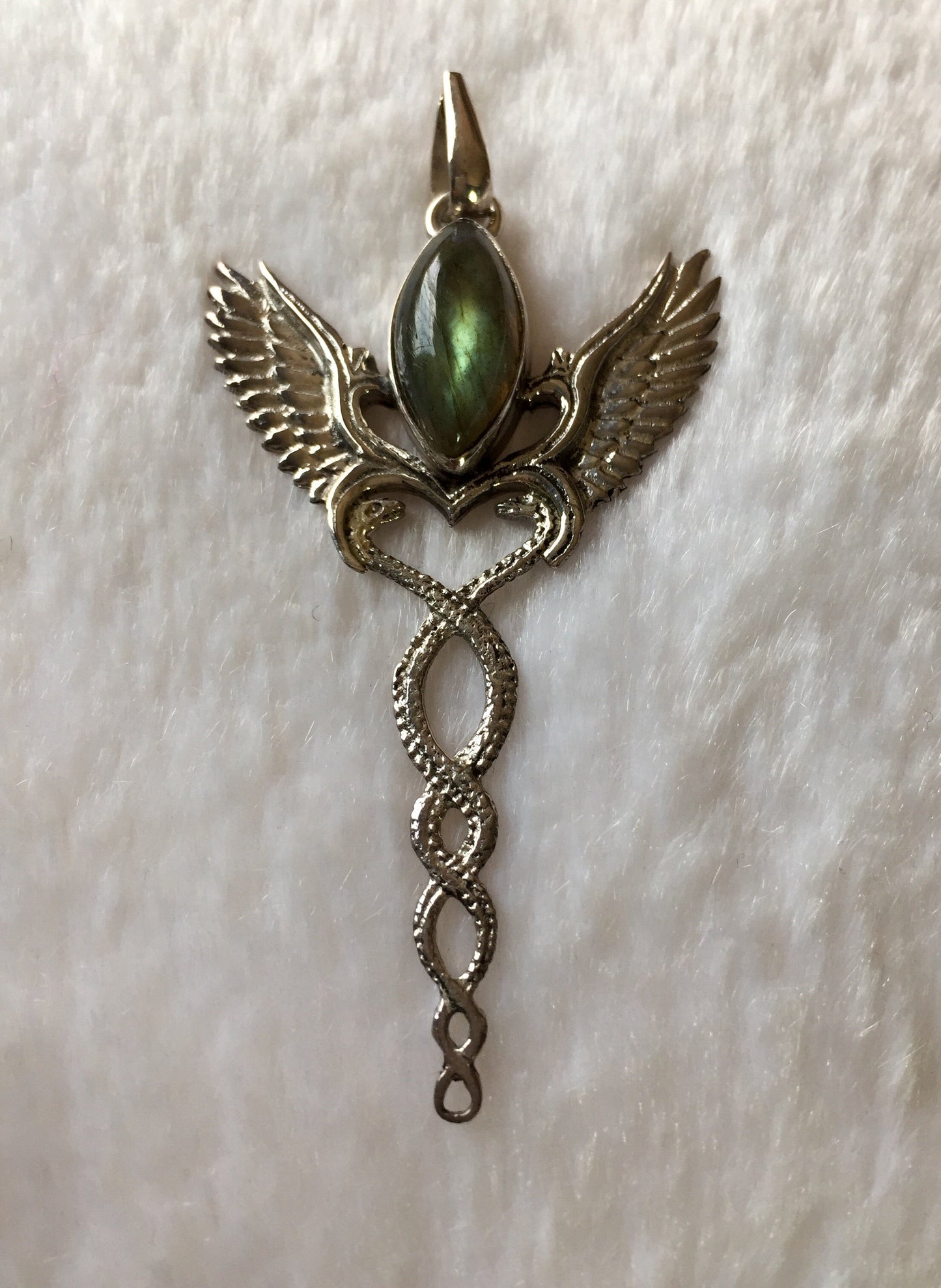 Caduceus Pendant - Sterling Silver - Labradorite Liquid Fire Mantra