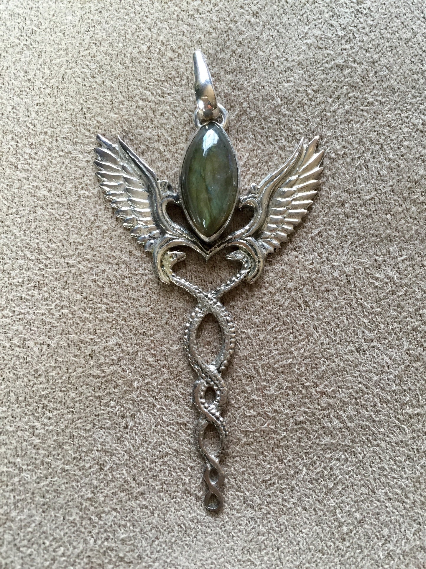 Caduceus Pendant - Sterling Silver - Labradorite Liquid Fire Mantra