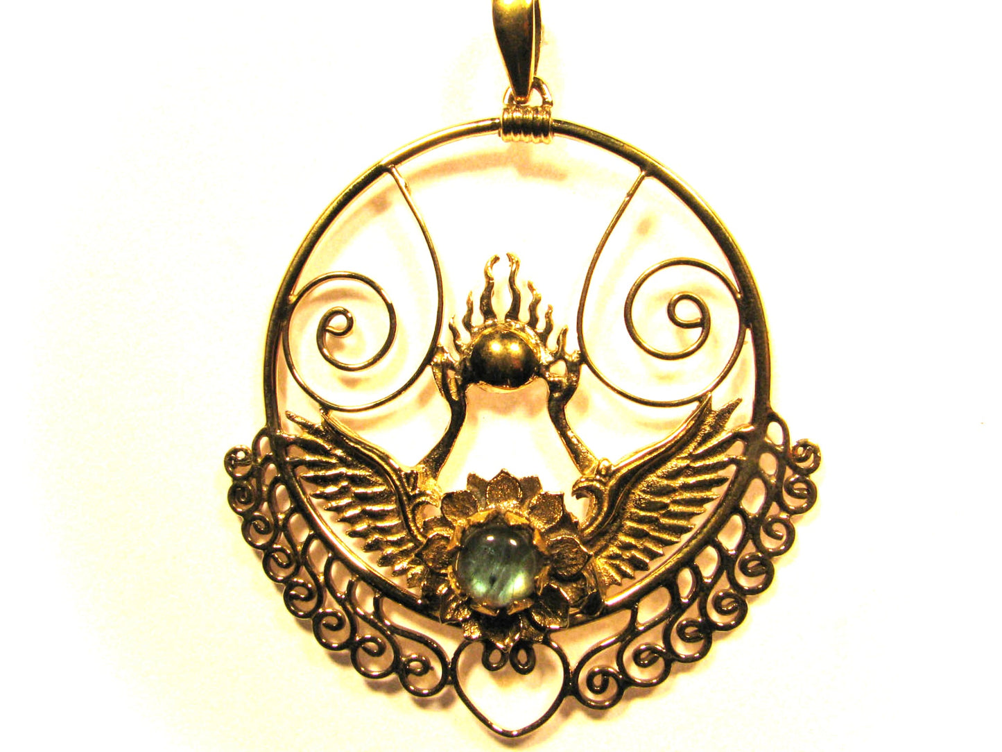 Shakti Bhakti Pendant - Brass - Labradorite Liquid Fire Mantra