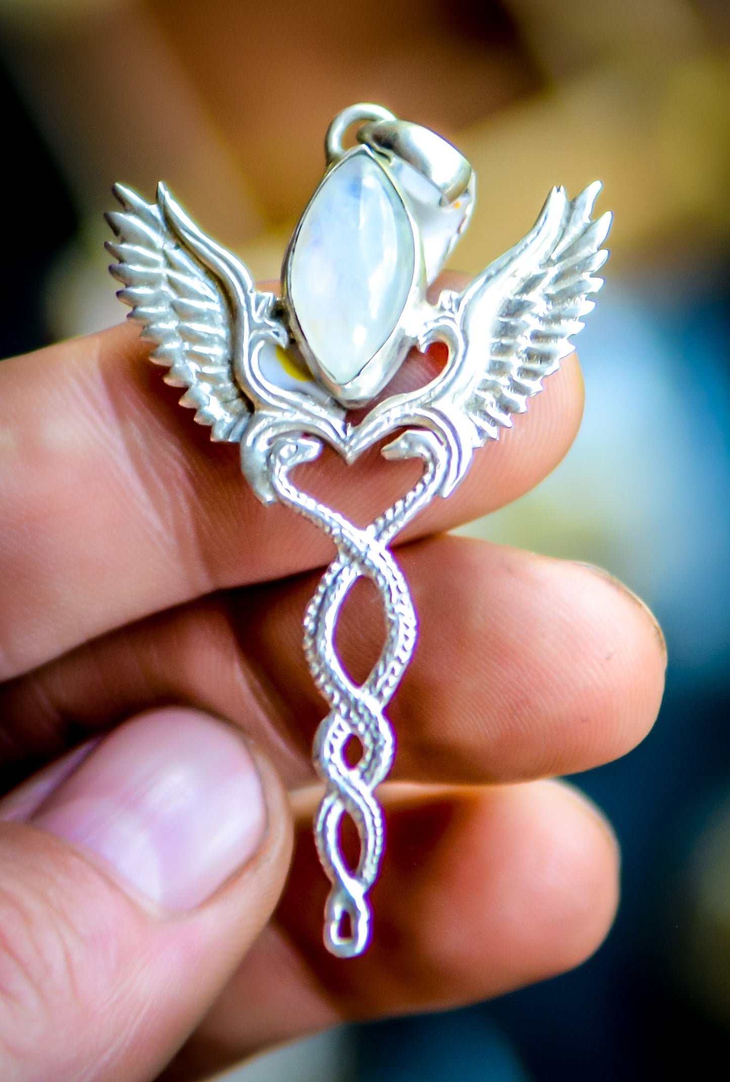 Caduceus Pendant - Sterling Silver - Rainbow Moonstone Liquid Fire Mantra