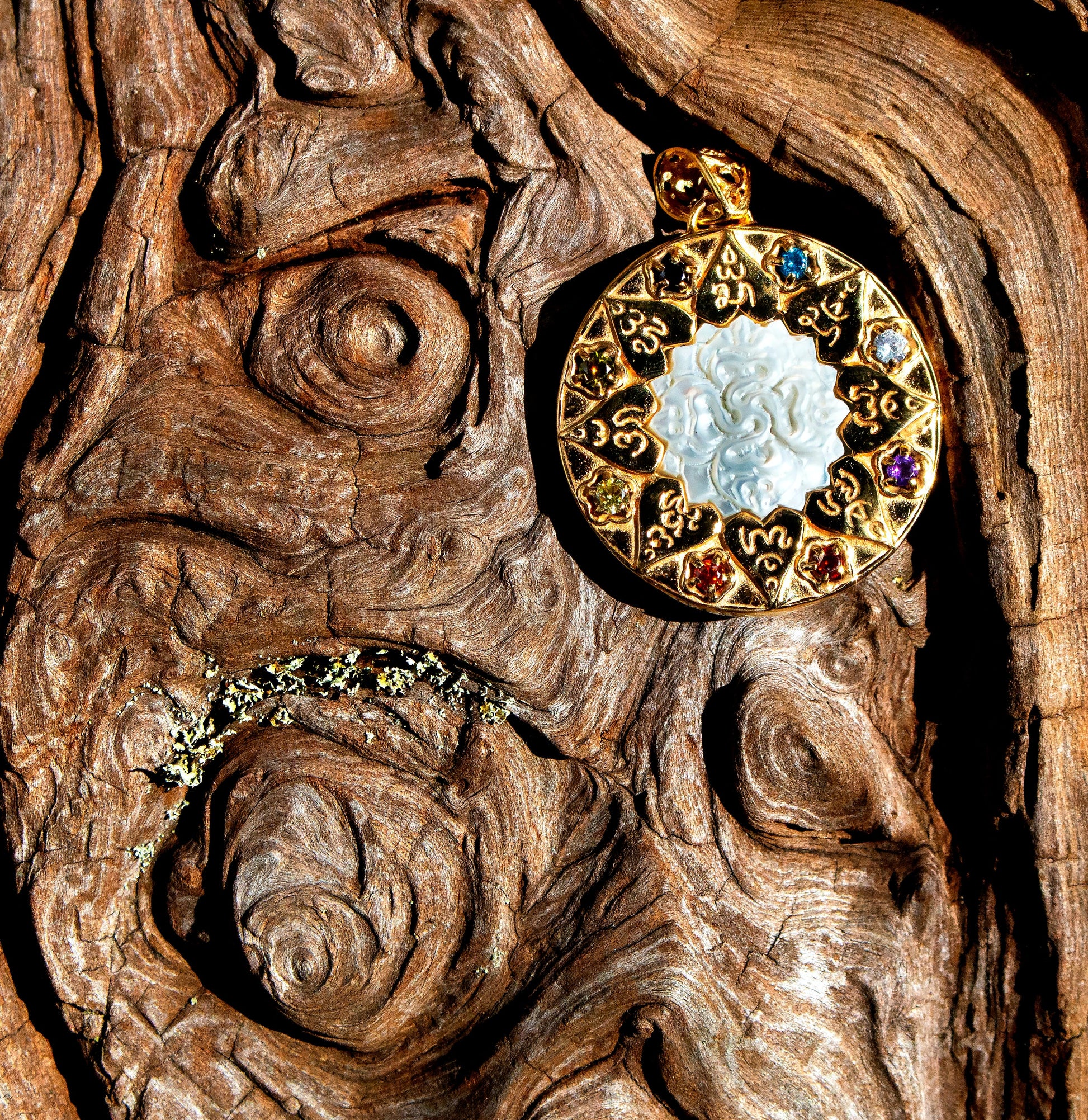 Compass of Love Pendant - 24K Gold Plated - Light Mother of Pearl Liquid Fire Mantra